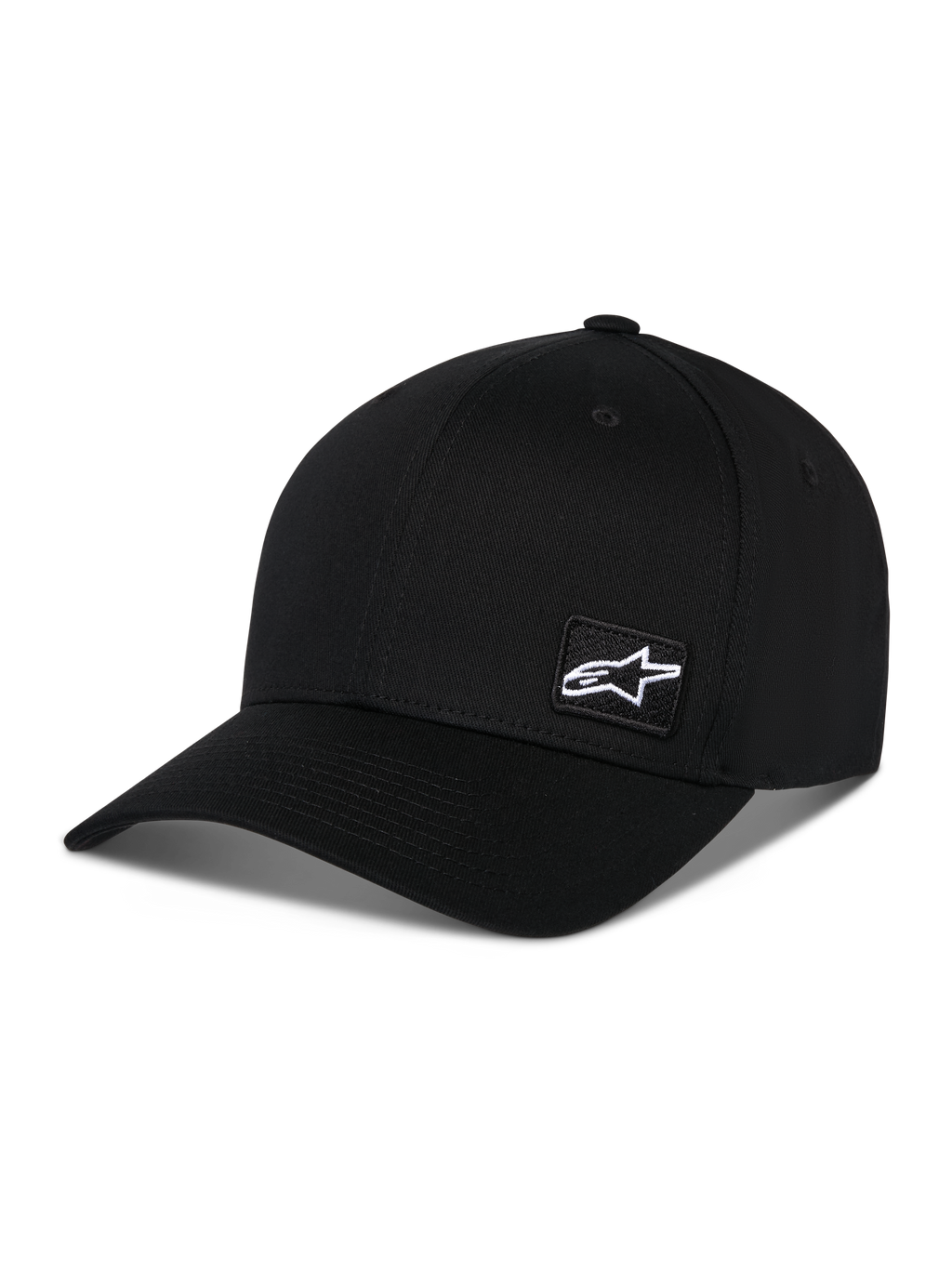 Alpinestars Pivot Hat, schwarze Sportswear-Kappe, mit gebogenem Schirm und strukturierter Krone, kleiner weißer Astars-Logo-Patch an der Seite, lässiges, vom Motorsport inspiriertes Design