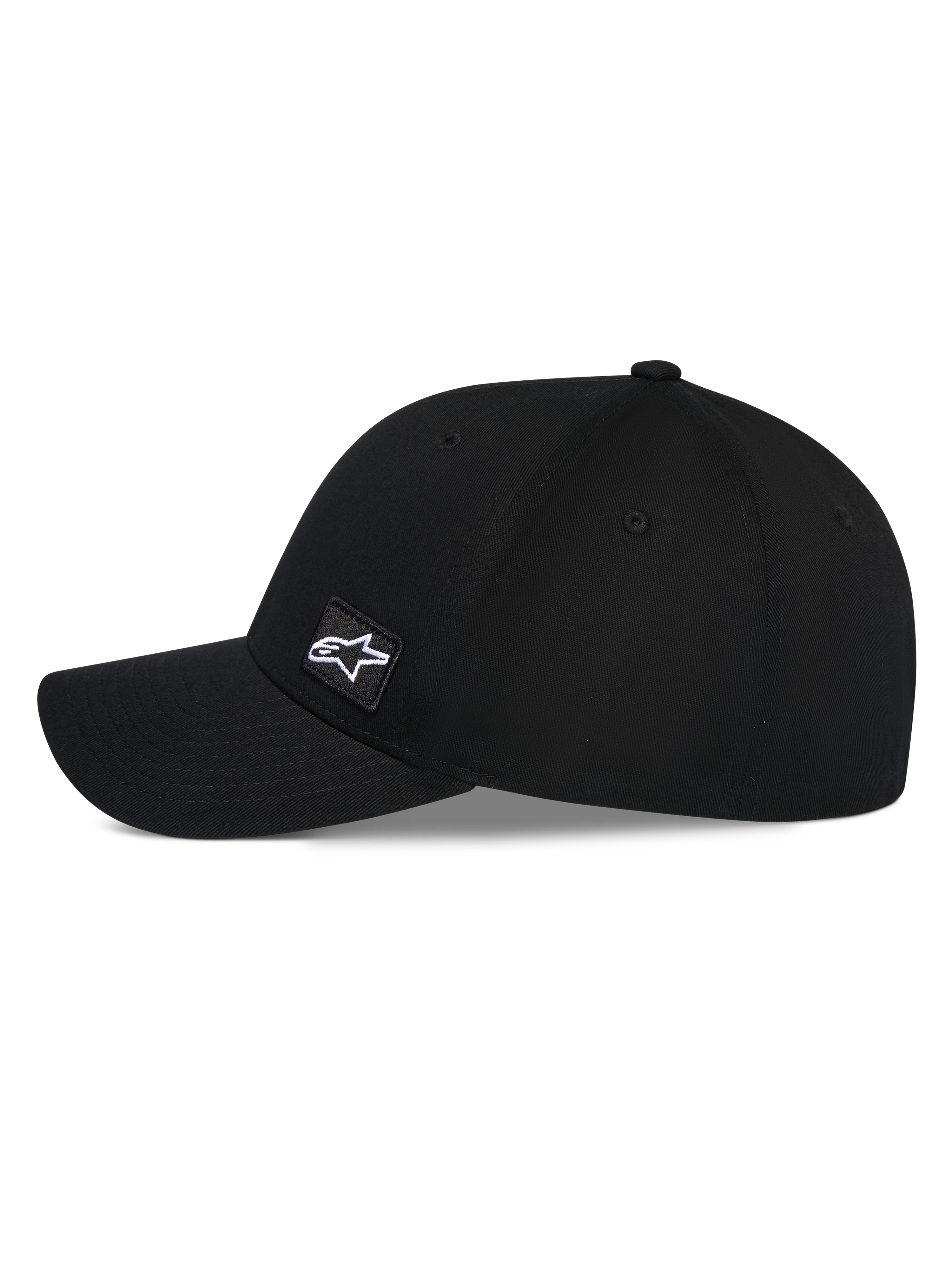 Alpinestars Pivot Kappe, Schwarze Baseballkappe, Seitenansicht mit gebogenem Schirm und strukturierter Krone, kleiner quadratischer gestickter Astars-Logo-Aufnäher an der Seite, lässige, vom Motorsport inspirierte Kopfbedeckung