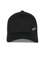 Alpinestars Pivot Kappe, schwarze Baseball-Cap, gebogener Schirm mit strukturierter Krone, kleines weißes Astars Stern-Logo auf einem schwarzen bestickten Aufnäher, lässige vom Motorsport inspirierte Sportbekleidung