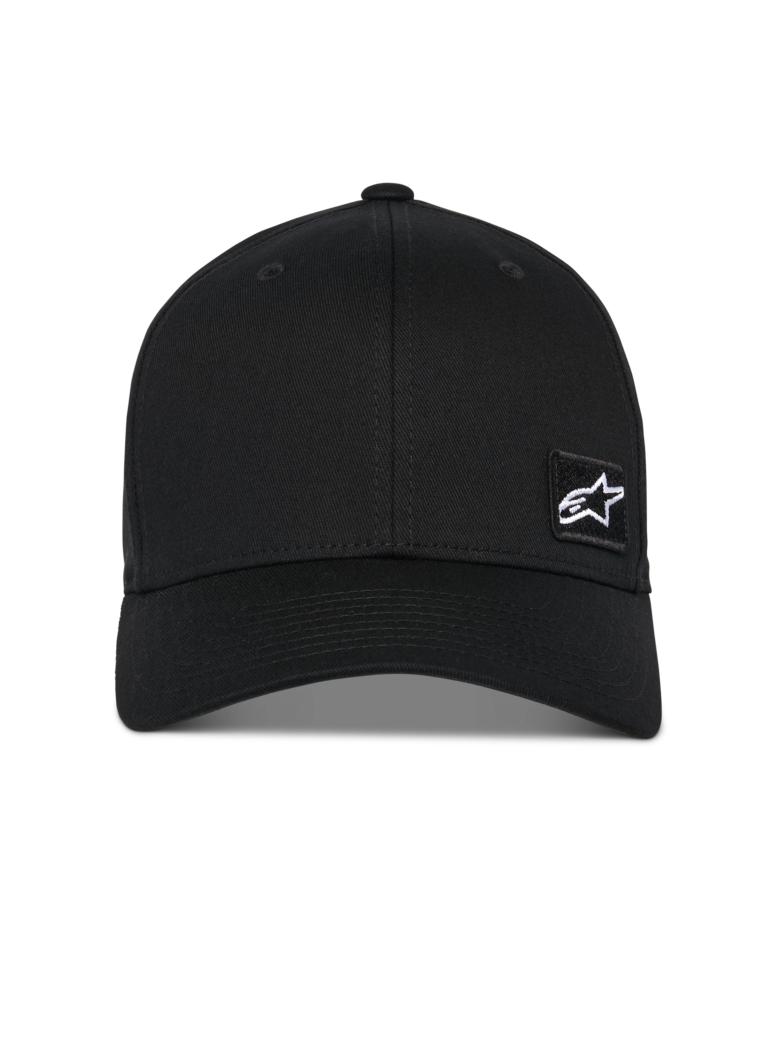 Alpinestars Pivot Kappe, schwarze Baseball-Cap, gebogener Schirm mit strukturierter Krone, kleines weißes Astars Stern-Logo auf einem schwarzen bestickten Aufnäher, lässige vom Motorsport inspirierte Sportbekleidung