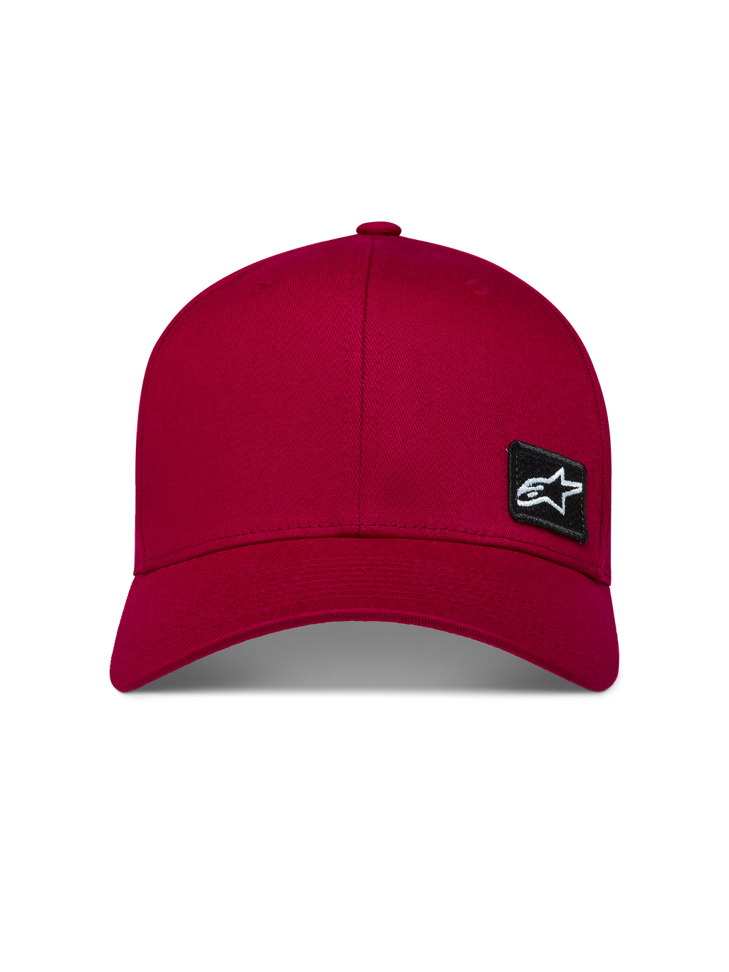 Alpinestars Pivot Kappe, dunkelrote Sport-Cap, gebogener Schirm, strukturierte Krone, Twill, schwarzer Astars Logo-Patch.