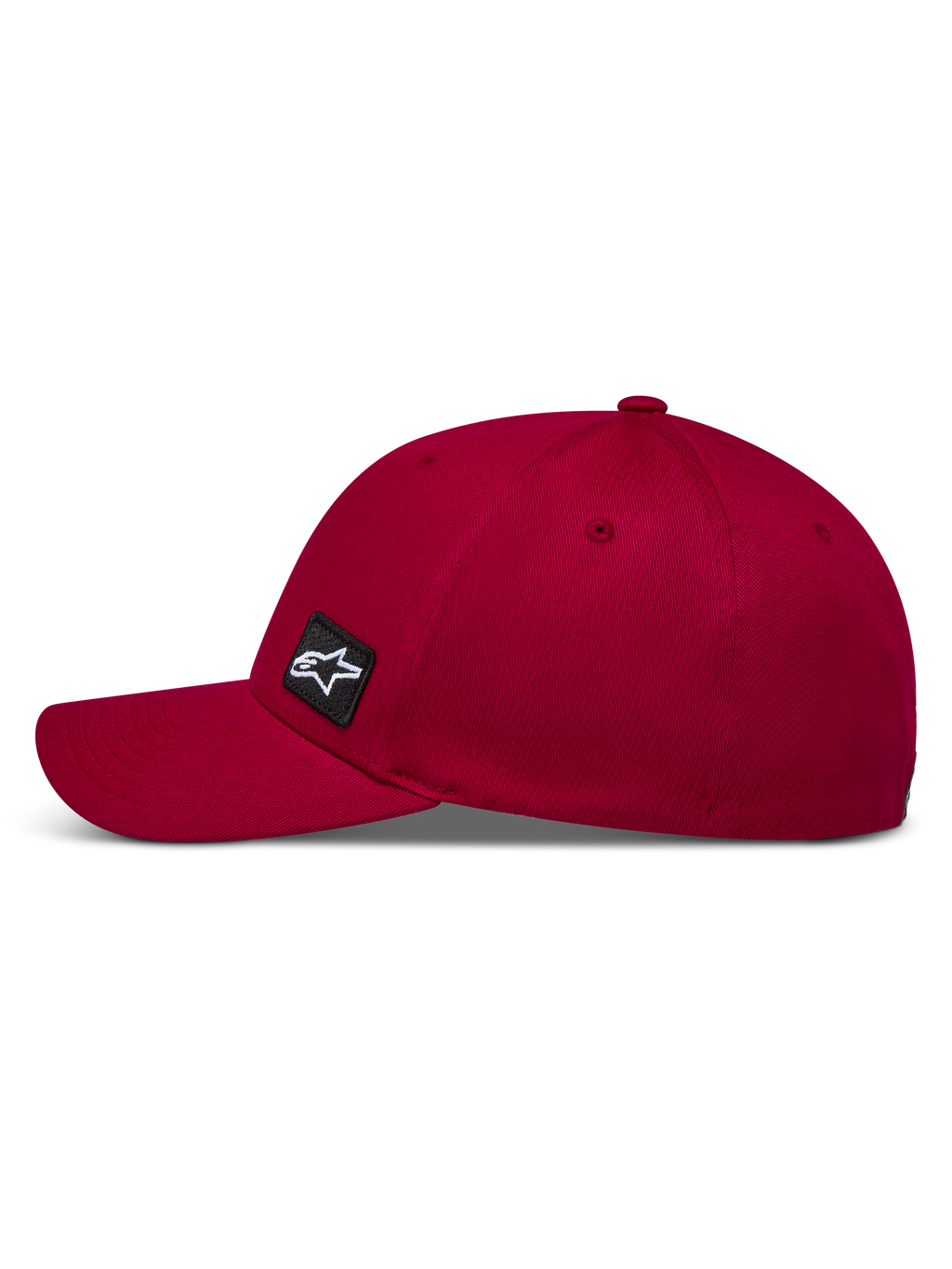 Alpinestars Pivot Kappe, dunkelrote Sportswear-Kappe aus Twill-Stoff mit gebogenem Schirm, Flex-Rückseite und besticktem Astars-Logo-Patch, seitliche Profilansicht
