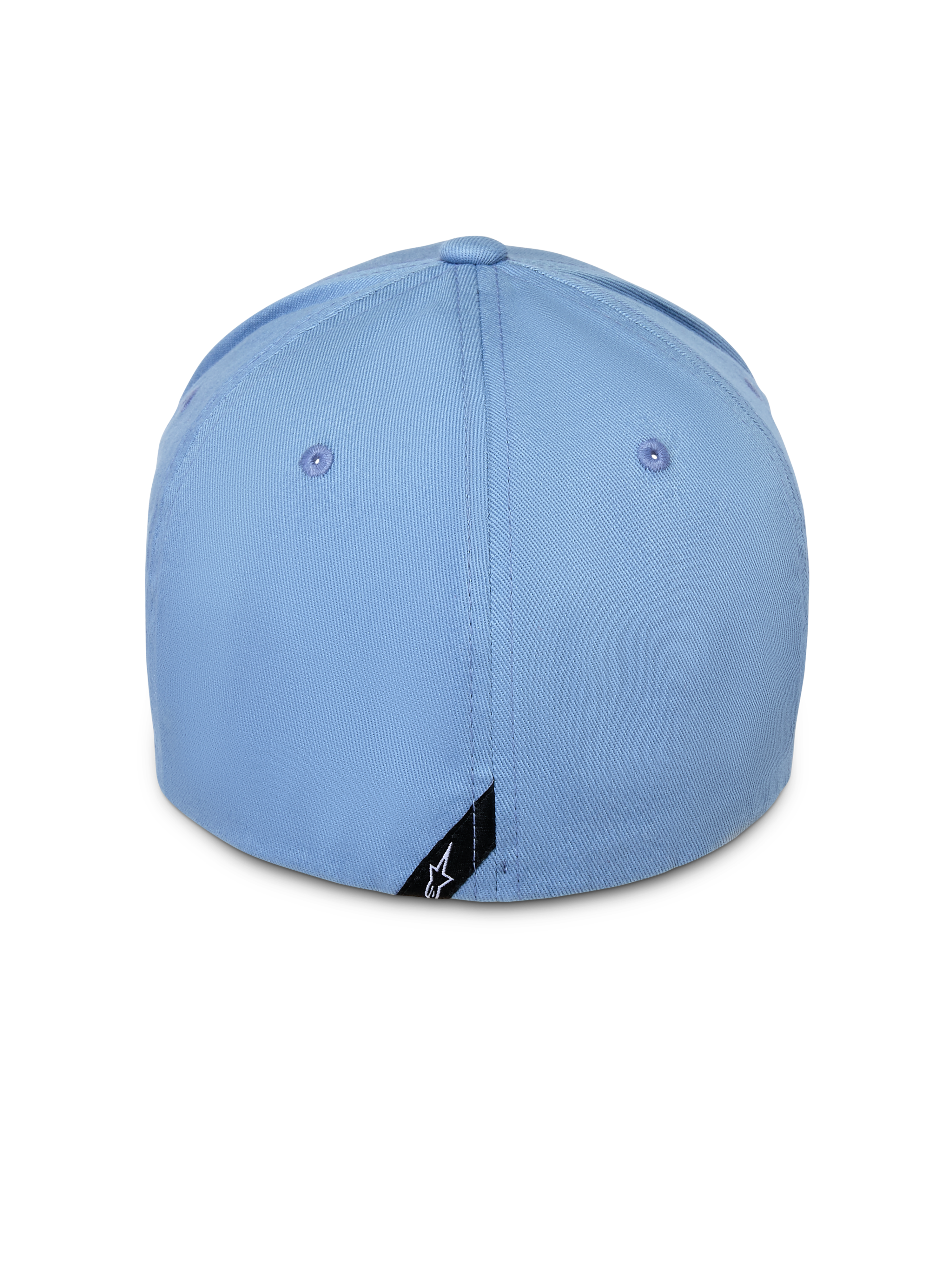 Alpinestars Pivot Mütze, Blau, Rückansicht einer Baseballkappe mit Flex-Rückseite, hellblauer Baumwolltwill mit kleinem schwarzen Astars-Logo-Etikett am Rand, lässige, vom Motorsport inspirierte Streetwear