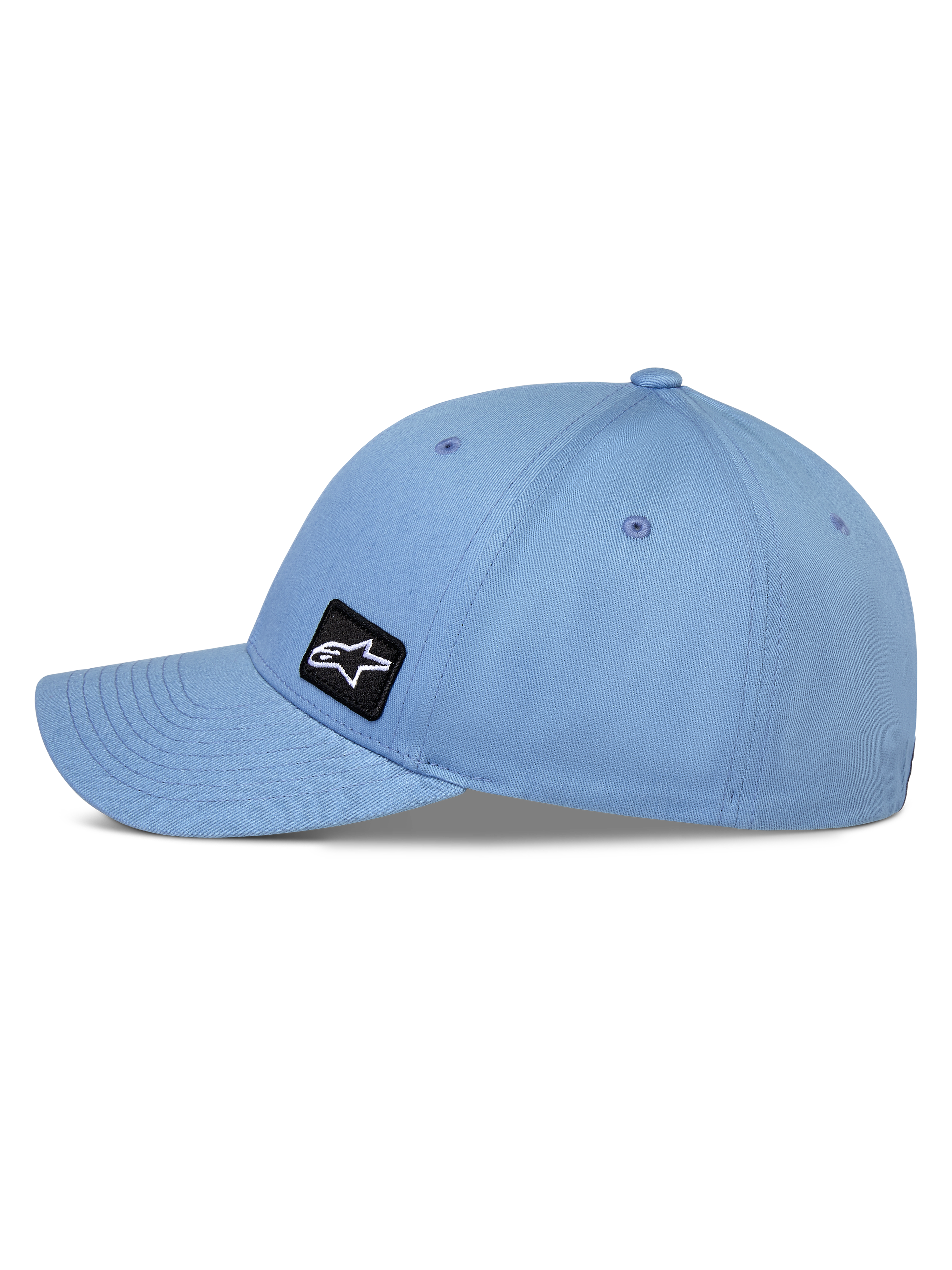Alpinestars Pivot Cap, Blau, Baseball-Kappe mit gebogenem Schirm, Seitenansicht zeigt strukturierte Krone und Twill-Gewebe, kleiner schwarzer Astars-Logo-Stickaufnäher, lässige motorsport-inspirierte Sportbekleidung