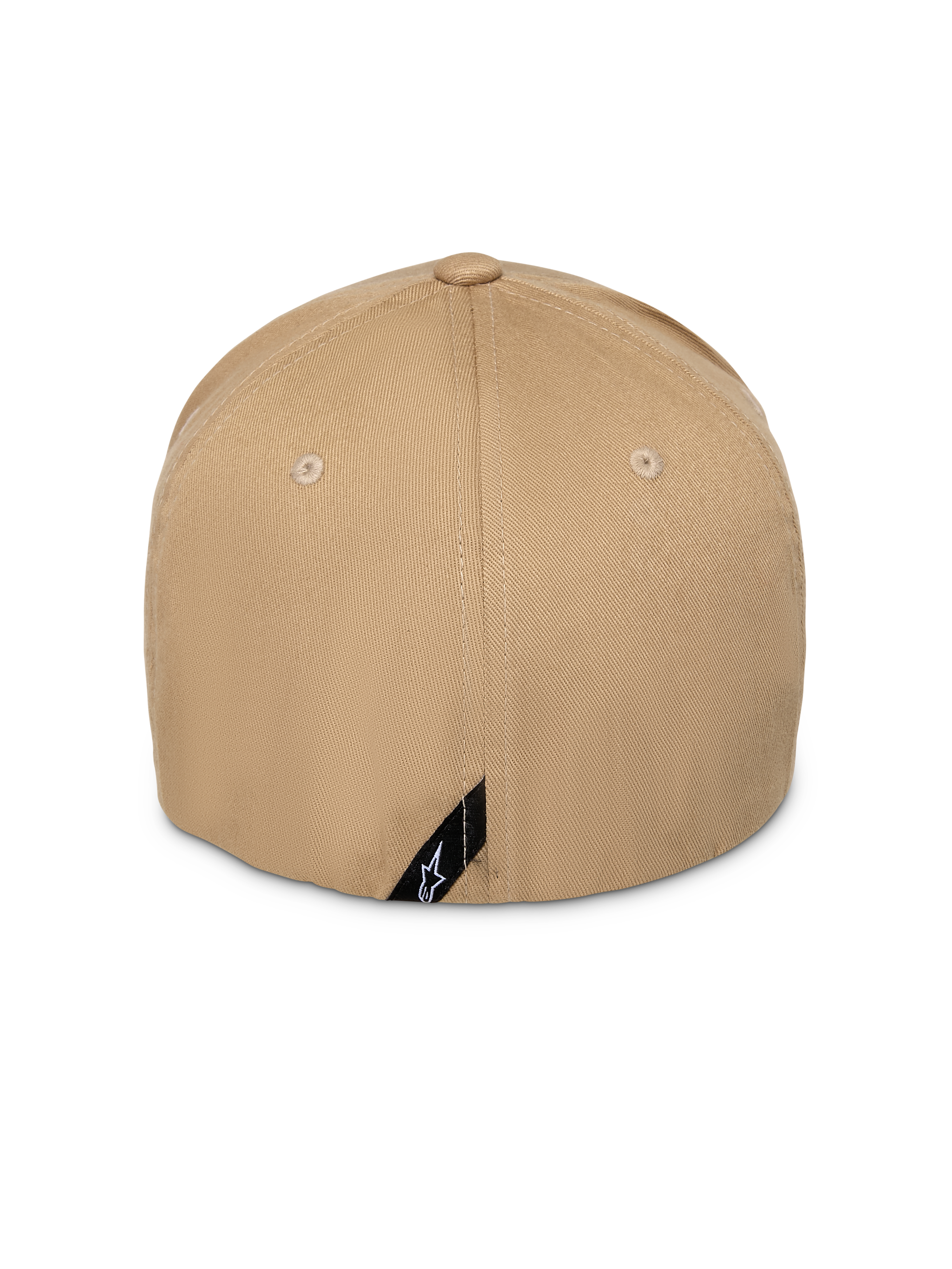 Alpinestars Pivot Kappe, Khaki Sand, Rückansicht, zeigt strukturierte Krone und Flex-Fit-Rückseite, mit einem kleinen schwarzen diagonalen Label mit weißem Astars-Logo, lässige Sport-Kopfbedeckung