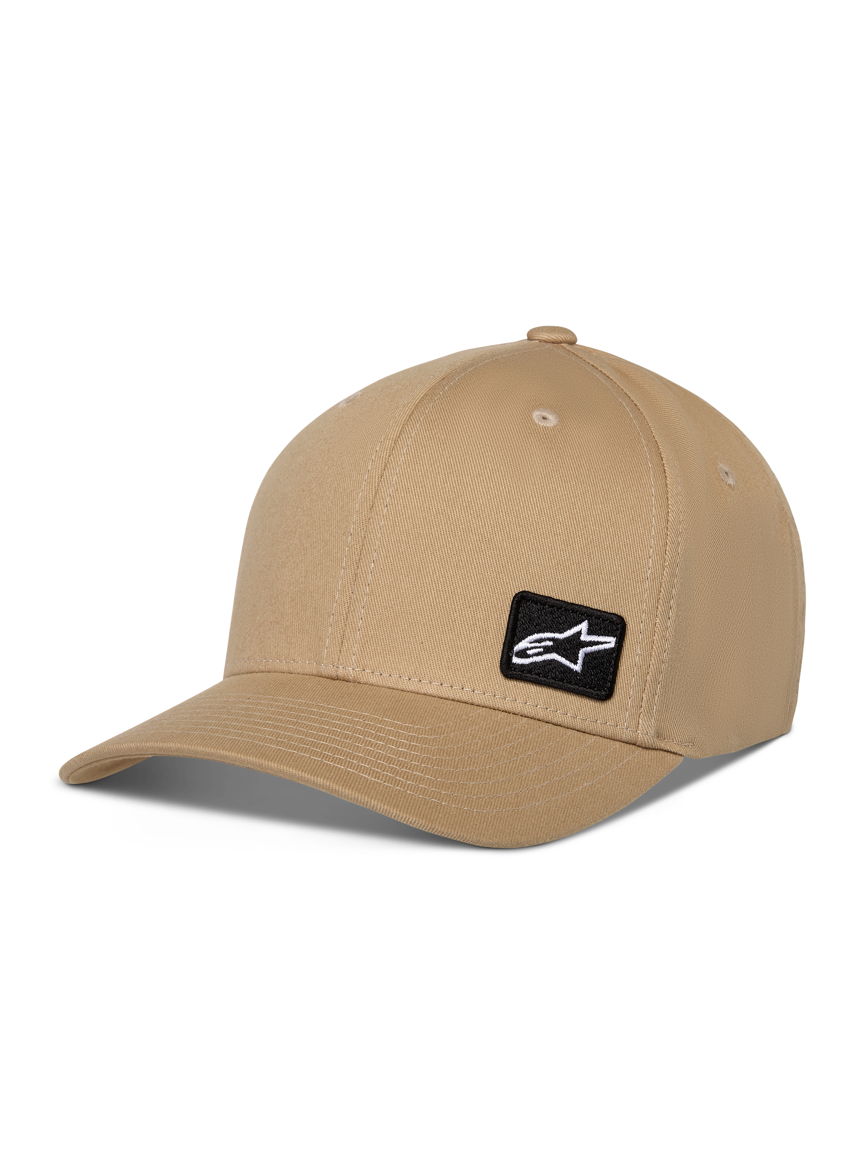 Alpinestars Pivot Kappe, Freizeit-Baseballkappe, Khaki Sand, gebogener Schirm mit strukturierter Krone, kleiner schwarzer quadratischer Patch mit weißem Astars-Logo, Baumwoll-Twill Sportbekleidung