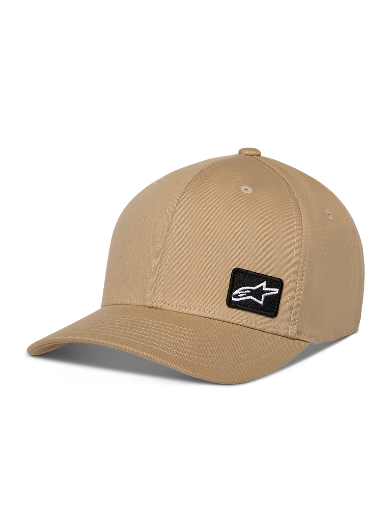 Alpinestars Pivot Kappe, Freizeit-Baseballkappe, Khaki Sand, gebogener Schirm mit strukturierter Krone, kleiner schwarzer quadratischer Patch mit weißem Astars-Logo, Baumwoll-Twill Sportbekleidung