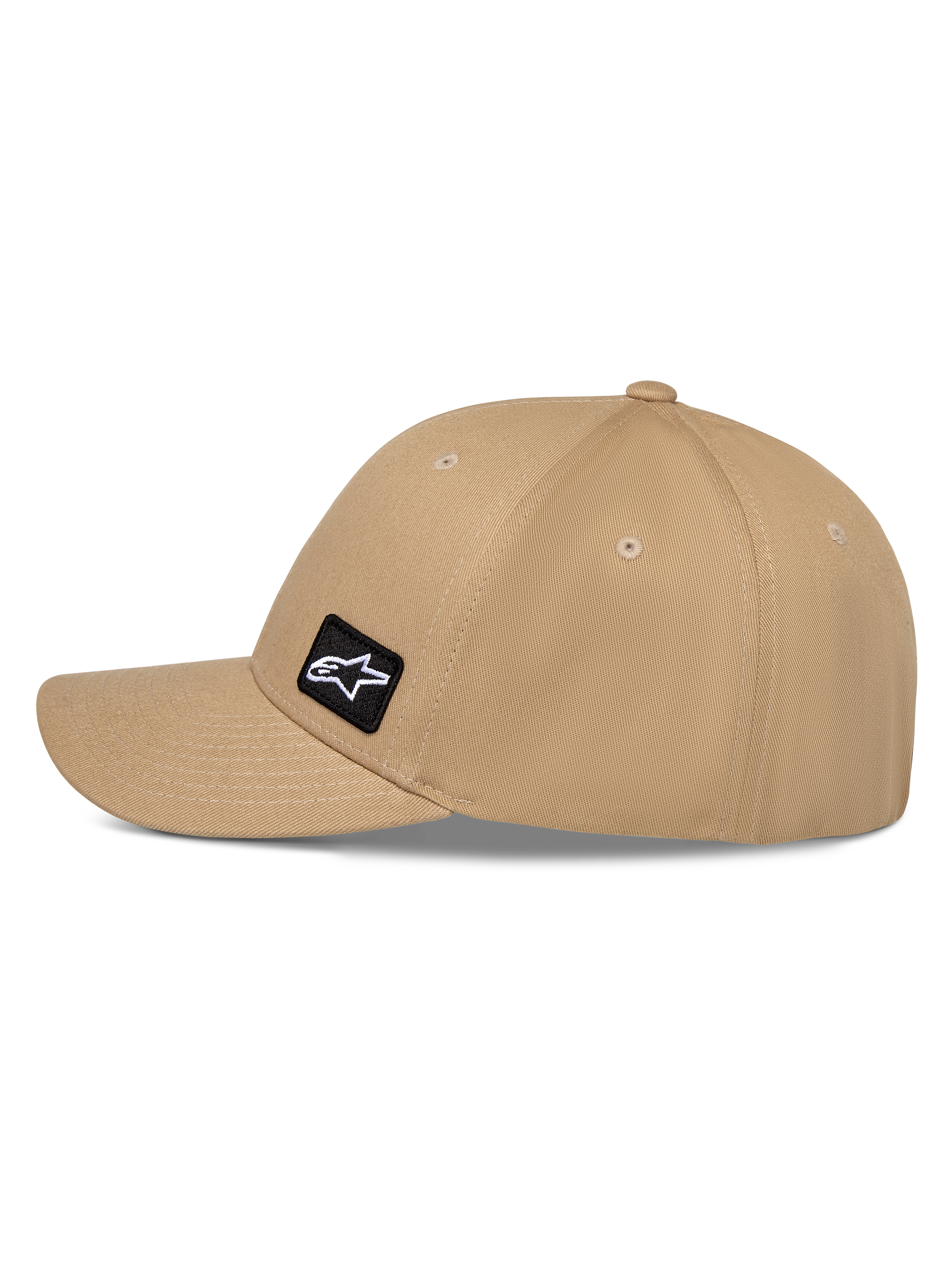 Alpinestars Pivot Kappe, Casual Sportswear Kappe, Sand-Khaki, mit gebogenem Schirm und strukturierter Krone, kleiner schwarzer Astars-Logo-Stickaufnäher an der Seite, strapazierfähiges Baumwolltwill-Gewebe