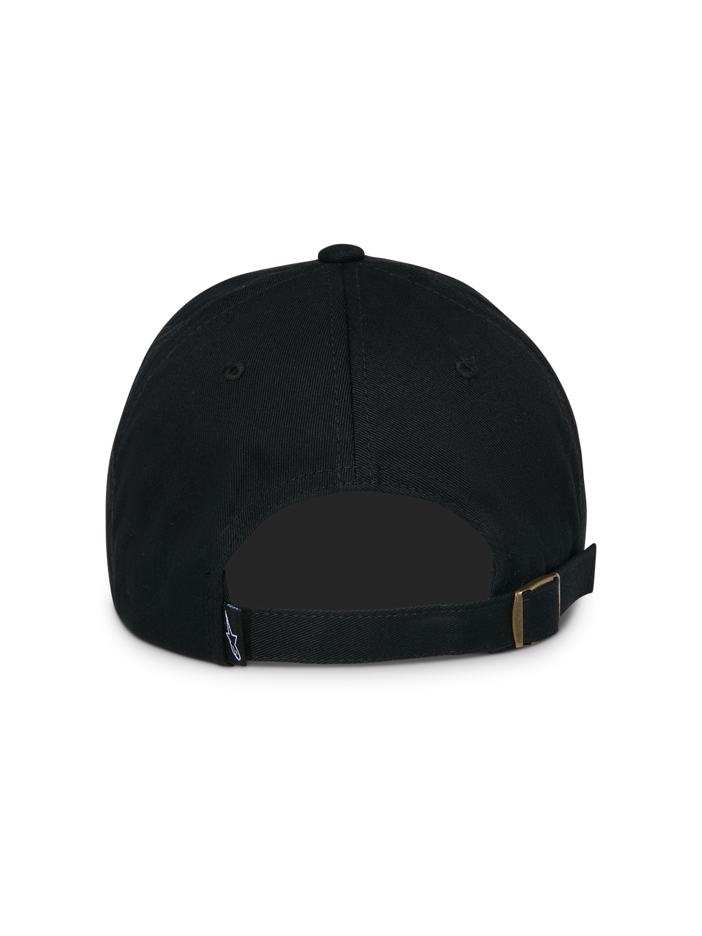 Alpinestars Calipalm Strapback Kappe, Schwarz, Rückansicht mit verstellbarem Riemenverschluss und Metallschnalle, kleinem gewebtem Logo-Etikett und unstrukturierter Baumwolltwill-Konstruktion