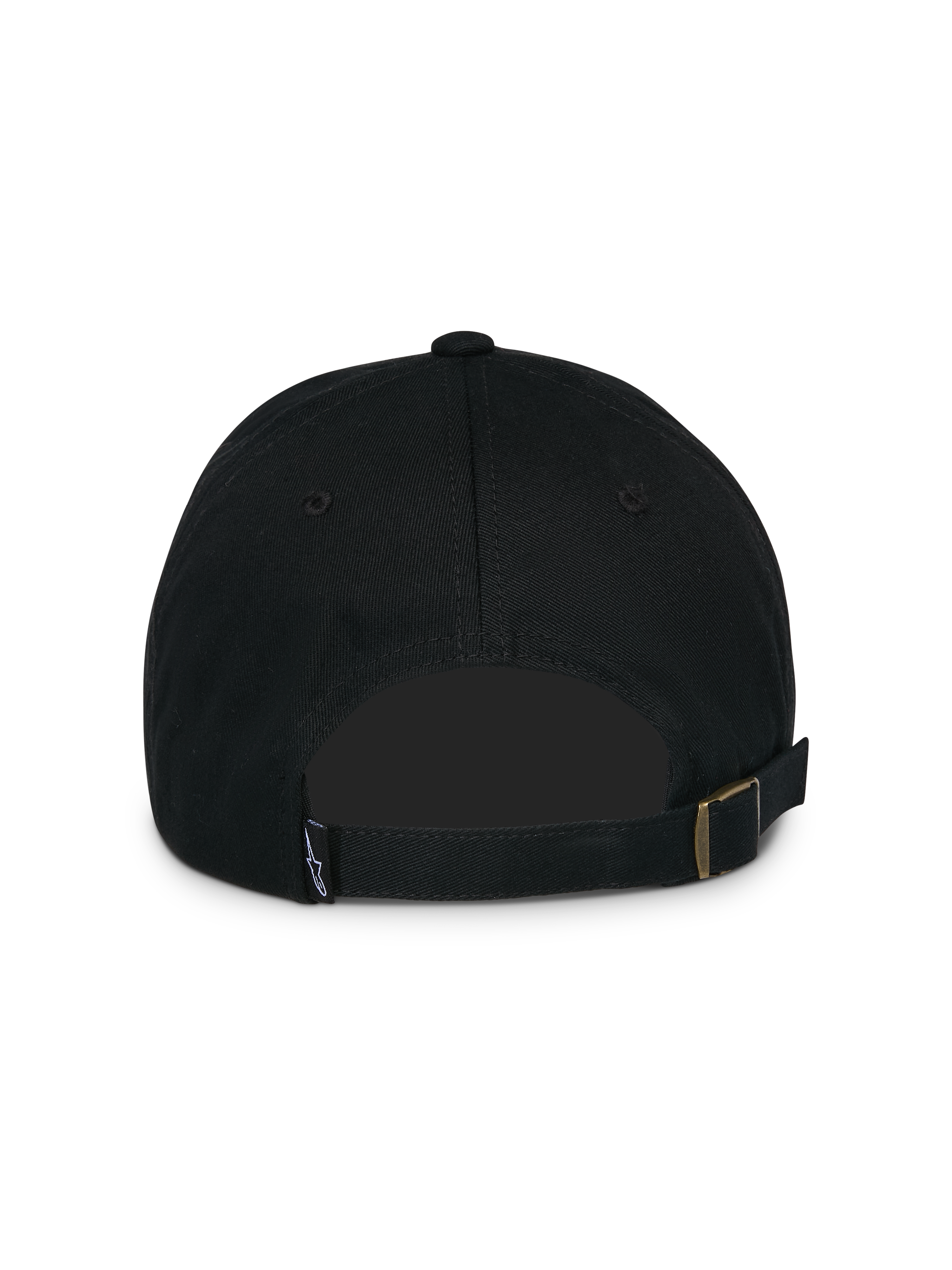Alpinestars Calipalm Strapback Kappe, Schwarz, Rückansicht mit verstellbarem Riemenverschluss und Metallschnalle, kleinem gewebtem Logo-Etikett und unstrukturierter Baumwolltwill-Konstruktion