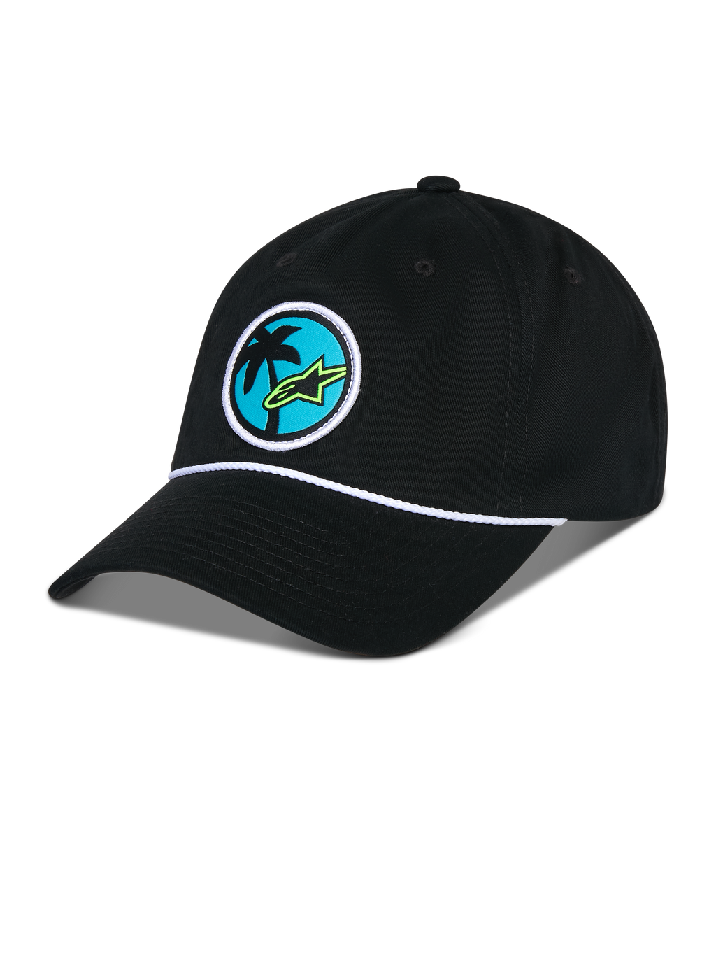 Alpinestars Calipalm Strapback Kappe, Schwarz, unstrukturierte niedrige Krone mit gebogenem Schirm, weißes Kordeldetail, runder Aufnäher vorne mit Palmenmotiv und lindgrünem Astars-Logo, legere Sportbekleidung