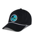 Alpinestars Calipalm Strapback Kappe, Schwarz, unstrukturierte niedrige Krone mit gebogenem Schirm, weißes Kordeldetail, runder Aufnäher vorne mit Palmenmotiv und lindgrünem Astars-Logo, legere Sportbekleidung