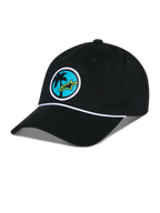 Alpinestars Calipalm Strapback Kappe, Schwarz, unstrukturierte niedrige Krone mit gebogenem Schirm, weißes Kordeldetail, runder Aufnäher vorne mit Palmenmotiv und lindgrünem Astars-Logo, legere Sportbekleidung