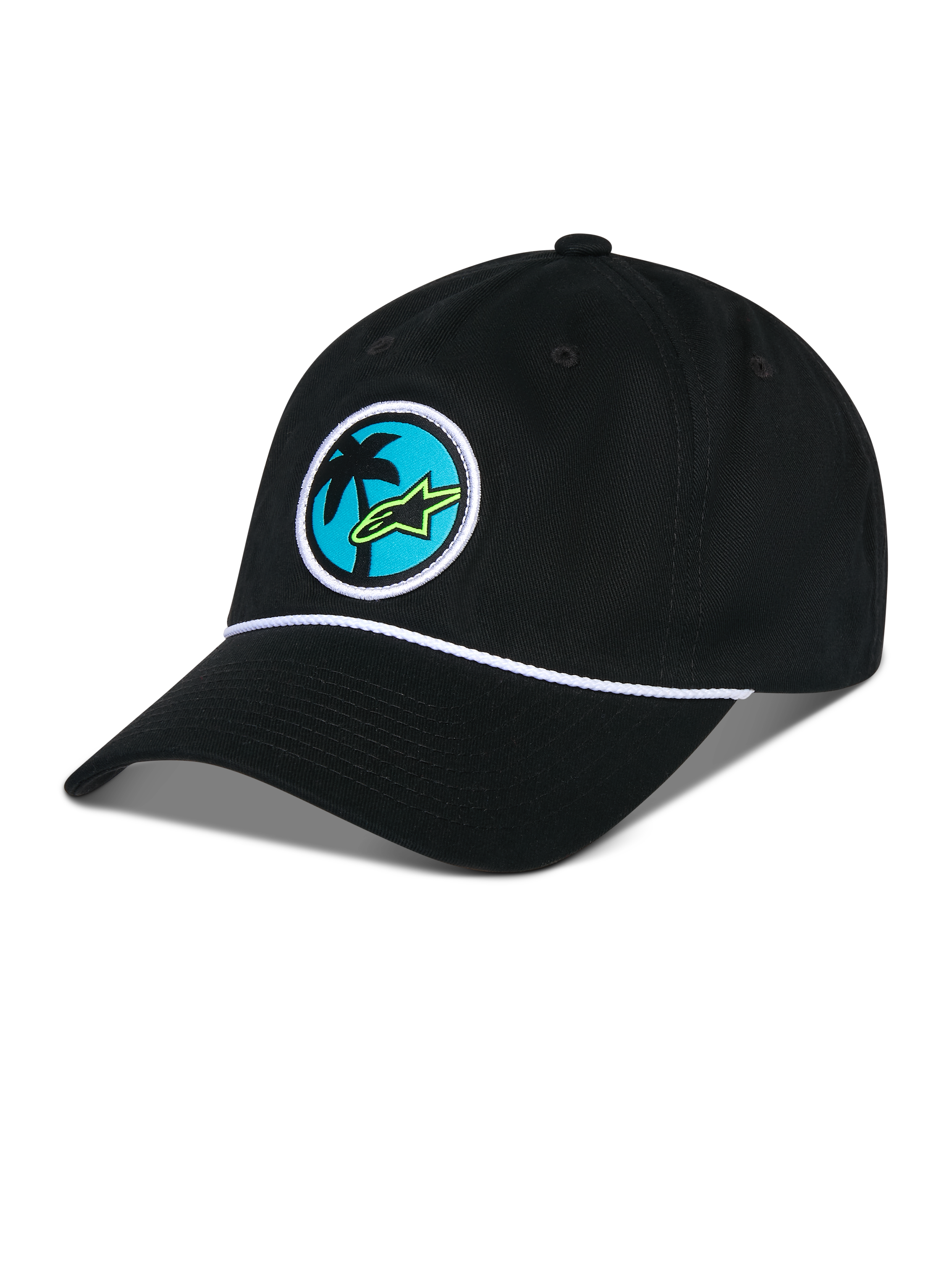 Alpinestars Calipalm Strapback Kappe, Schwarz, unstrukturierte niedrige Krone mit gebogenem Schirm, weißes Kordeldetail, runder Aufnäher vorne mit Palmenmotiv und lindgrünem Astars-Logo, legere Sportbekleidung