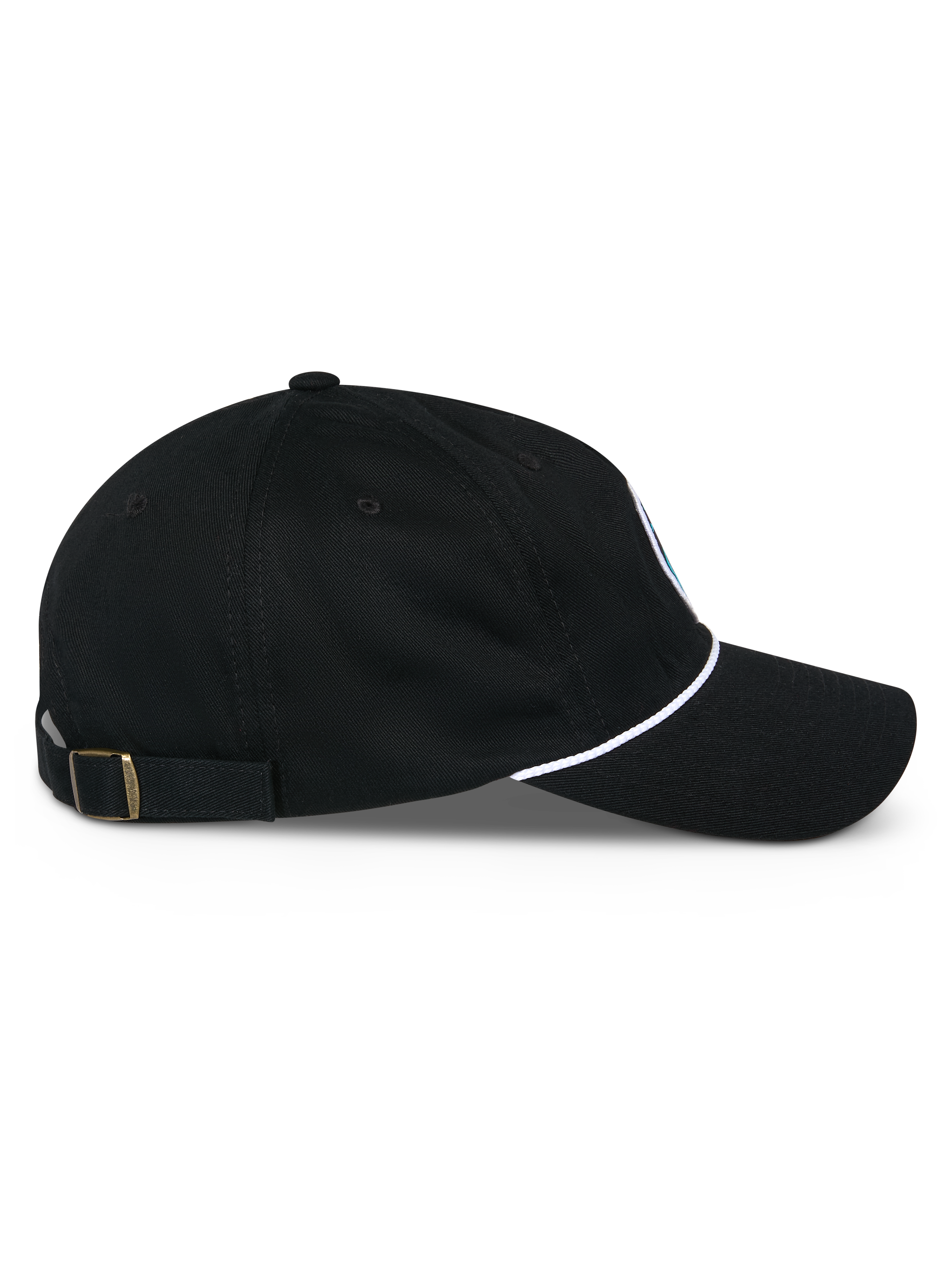 Alpinestars Calipalm Strapback Kappe, Seitenansicht, Schwarz, gebogener Schirm mit weißem Kordeldetail, verstellbarer Riemenverschluss mit Messingschnalle, 100 % Baumwolltwill, lässige, vom Motorsport inspirierte Kopfbedeckung