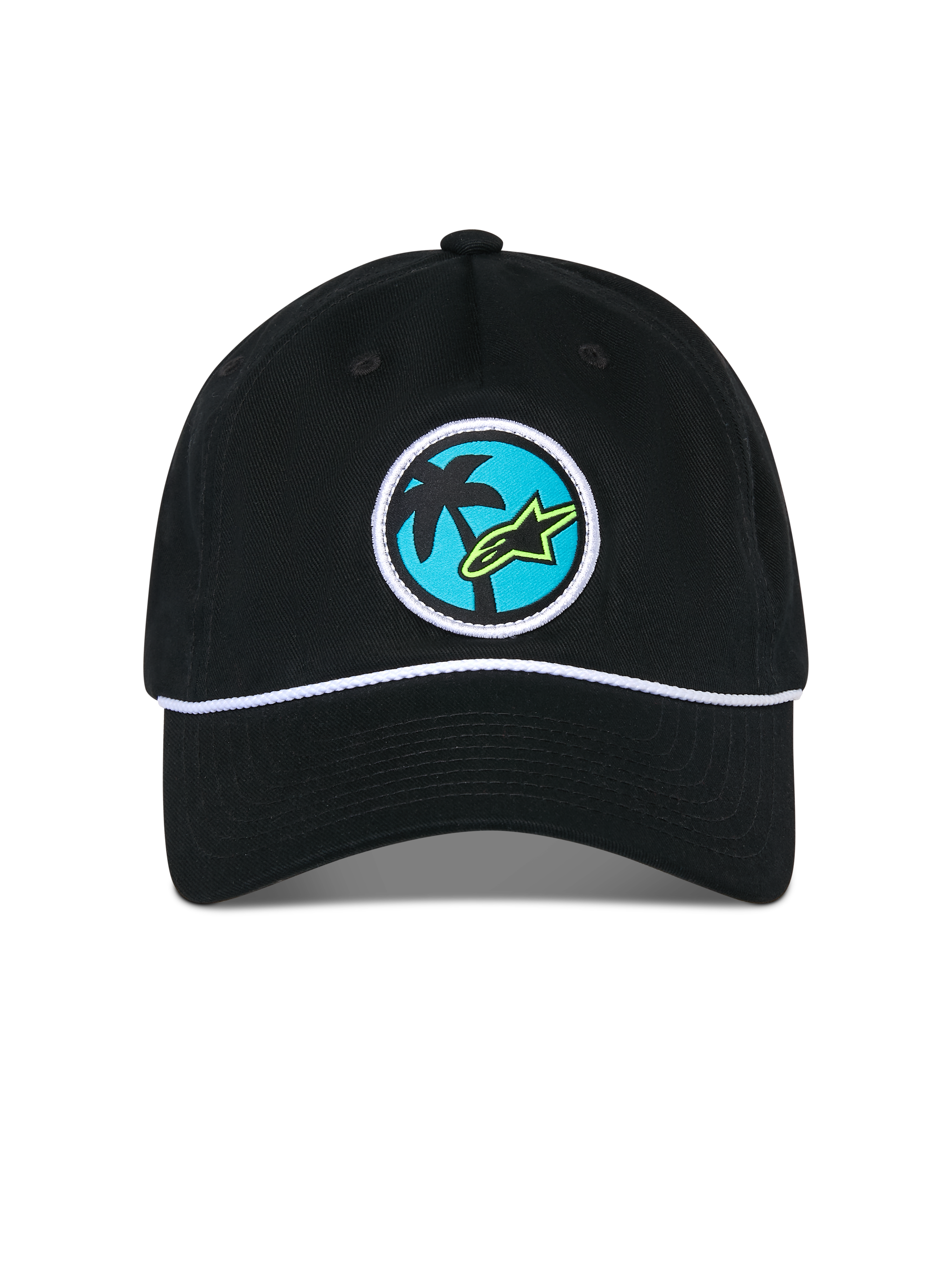 Alpinestars Calipalm Strapback Kappe, schwarze Kappe, mit einem kreisförmigen gewebten Aufnäher mit einer Palme und einem limettengrünen Astars-Logo auf blauem Hintergrund, weißes Kordeldetail über dem Schirm, Casual Sportswear