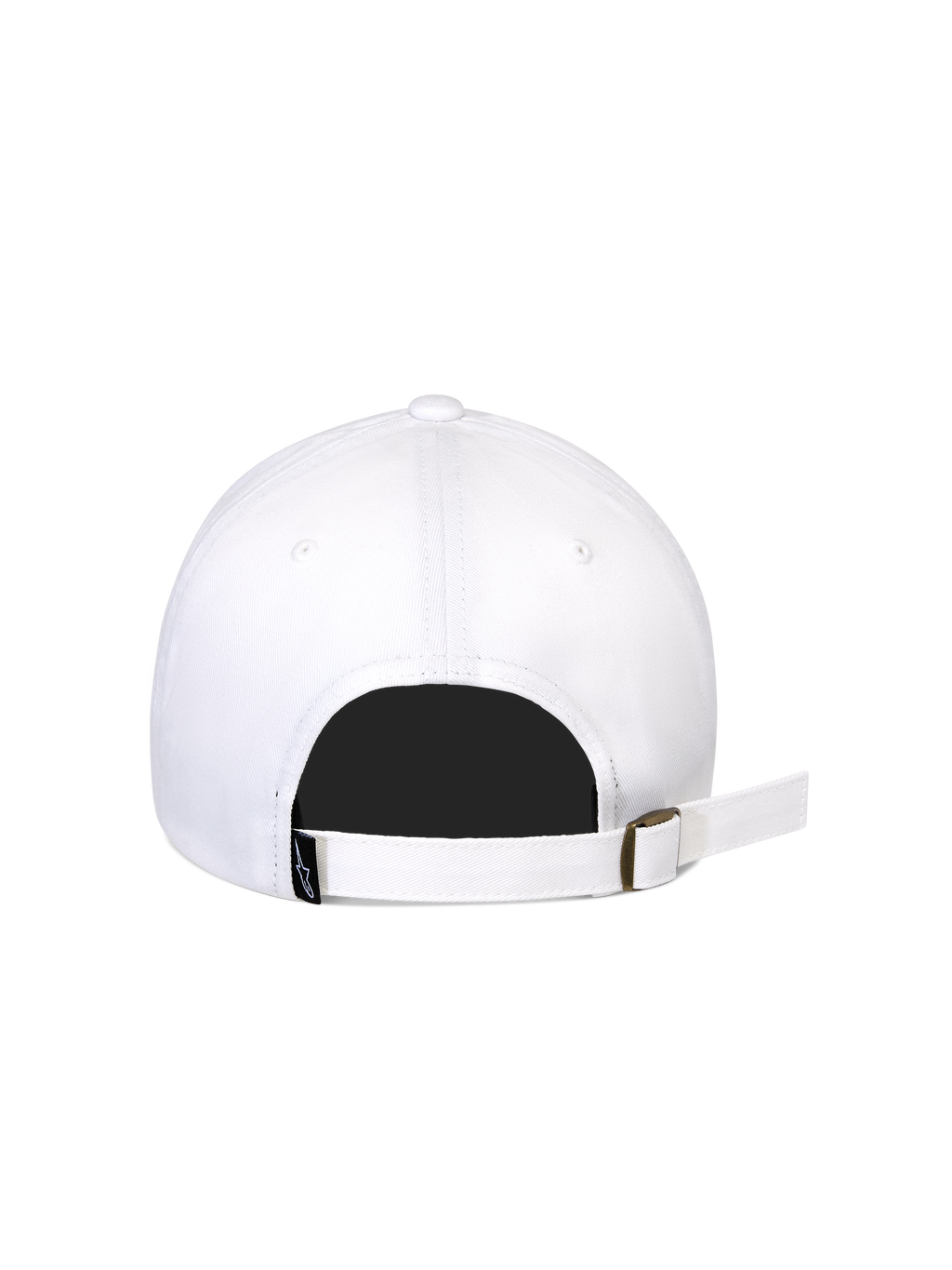 Alpinestars Calipalm Strapback Mütze, Weiß, Rückansicht mit verstellbarem Riemenverschluss und Metallschnalle, weißer Baumwoll-Twill, kleines schwarzes gewebtes Logo-Label, lässiges Sportbekleidungs-Design