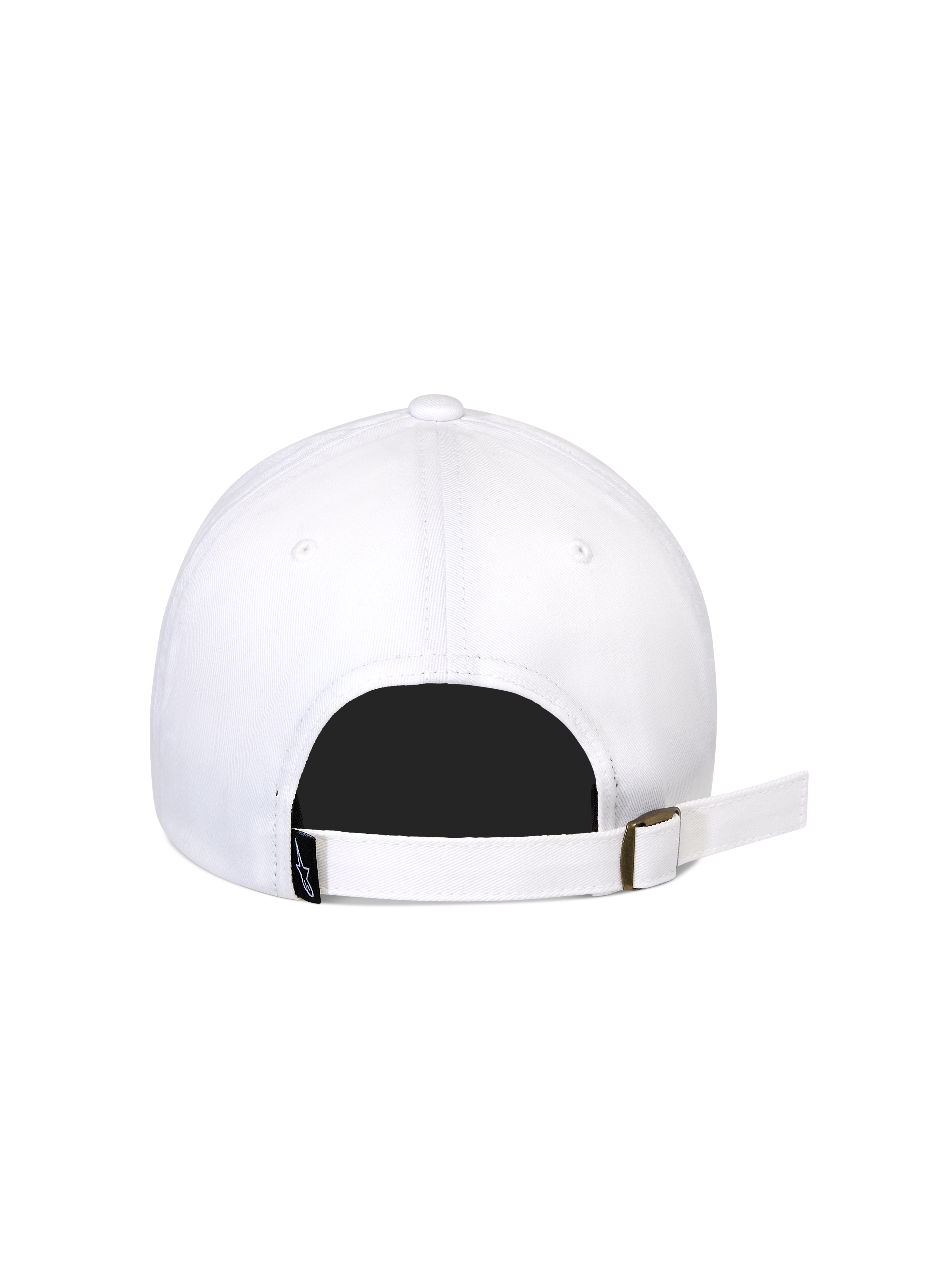 Alpinestars Calipalm Strapback Mütze, Weiß, Rückansicht mit verstellbarem Riemenverschluss und Metallschnalle, weißer Baumwoll-Twill, kleines schwarzes gewebtes Logo-Label, lässiges Sportbekleidungs-Design