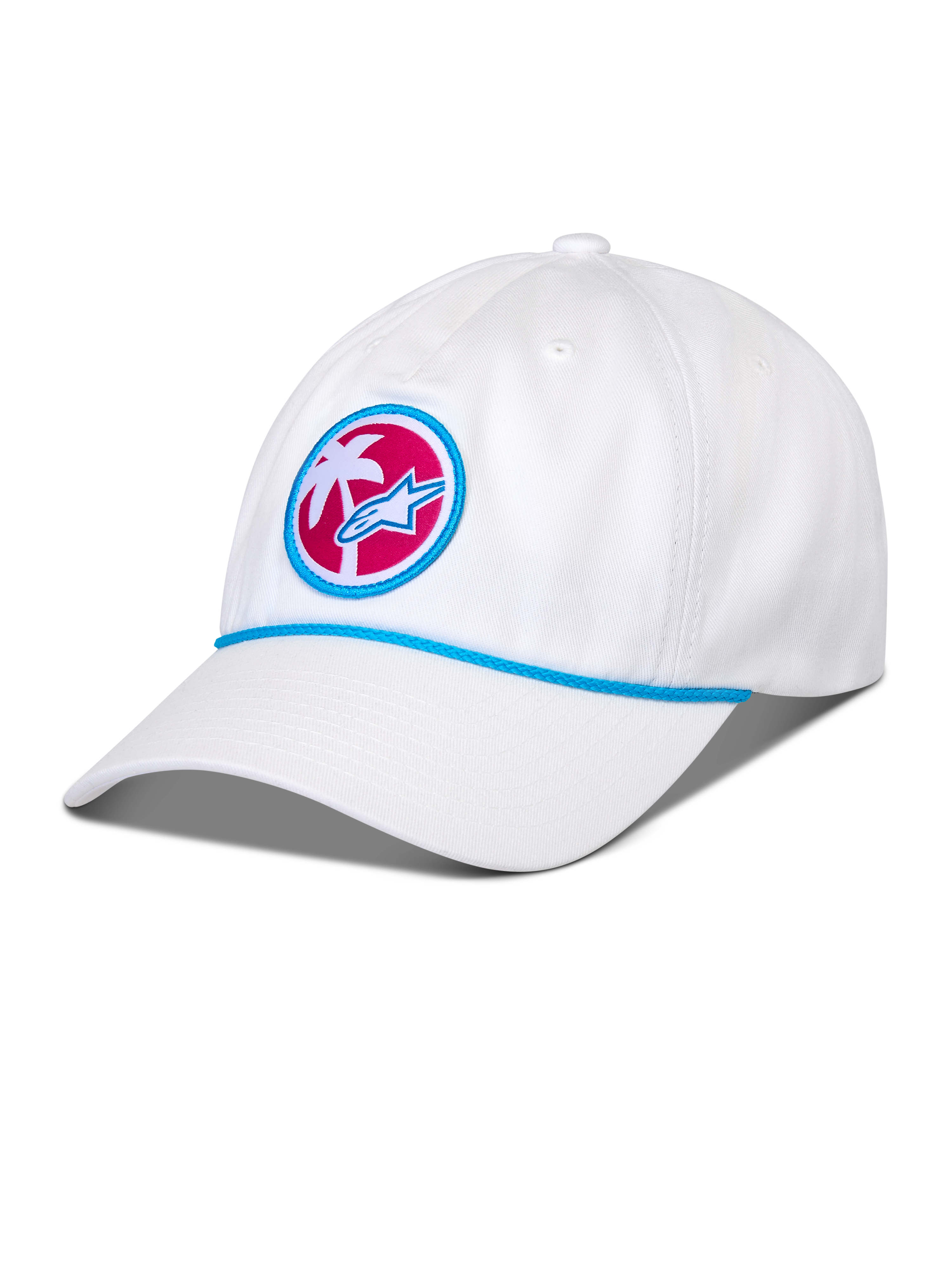 Alpinestars Calipalm Strapback Cap, Weiß, gebogener Schirm mit blauem Kordeldetail, runder Front-Aufnäher mit weißer Palme und blauem Astars-Logo auf pinkfarbenem Hintergrund, lässige Sportswear-Kopfbedeckung