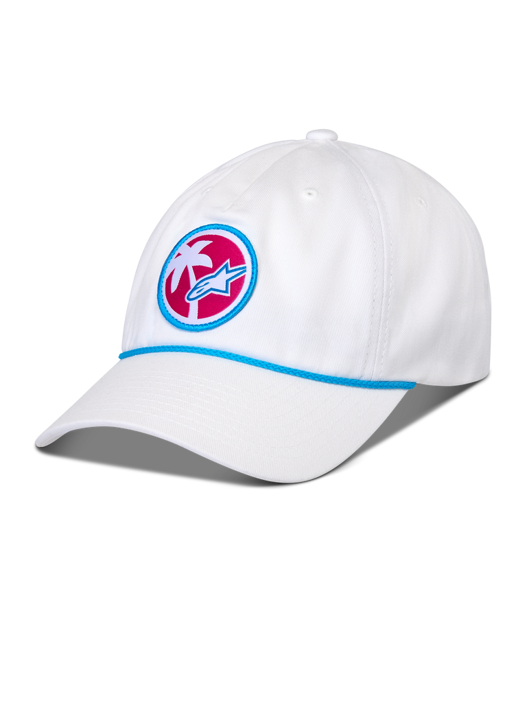 Alpinestars Calipalm Strapback Cap, Weiß, gebogener Schirm mit blauem Kordeldetail, runder Front-Aufnäher mit weißer Palme und blauem Astars-Logo auf pinkfarbenem Hintergrund, lässige Sportswear-Kopfbedeckung
