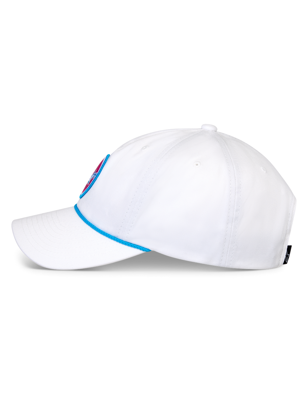Alpinestars Calipalm Strapback Mütze, weiße Baseball-Cap, Seitenansicht mit gebogenem Schirm und blauem Kordel-Detail, unstrukturierte niedrige Krone aus weißem Baumwoll-Twill, lässige Kopfbedeckung