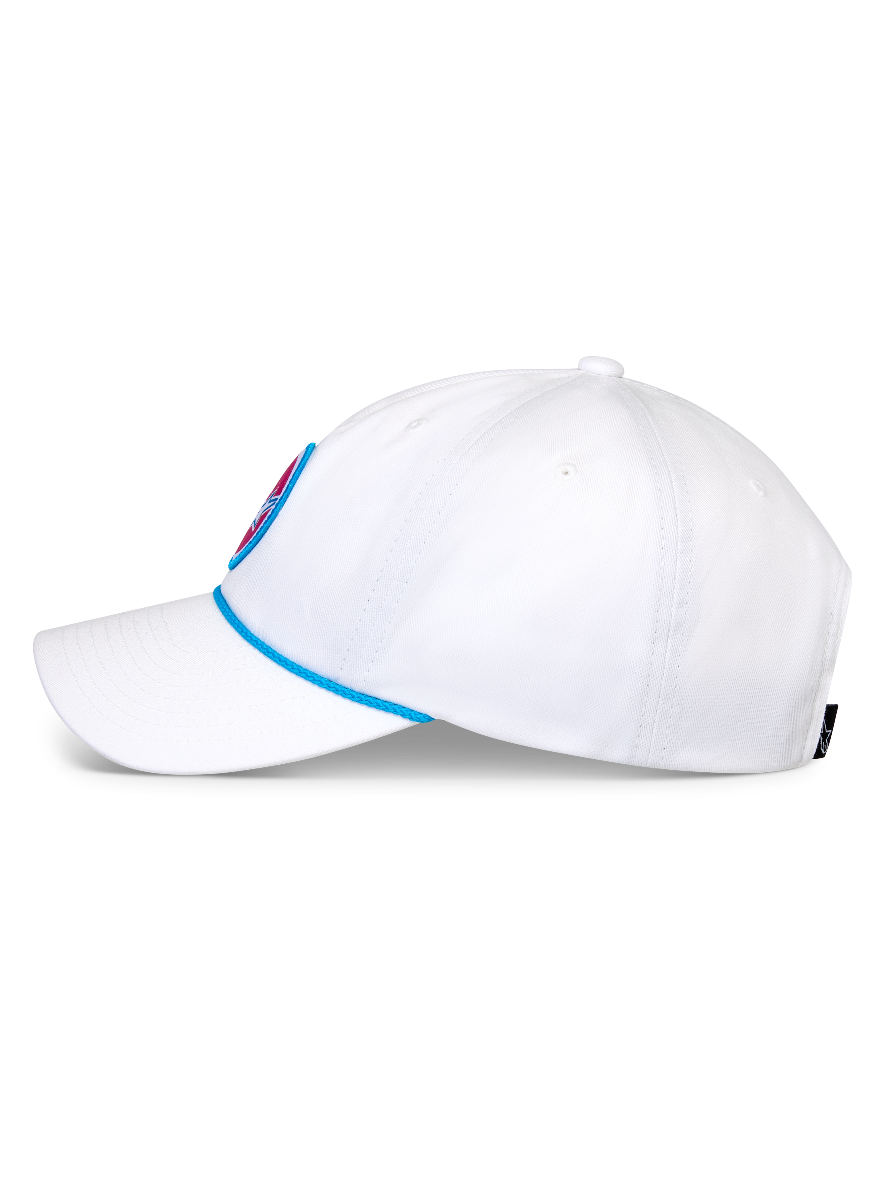 Alpinestars Calipalm Strapback Mütze, weiße Baseball-Cap, Seitenansicht mit gebogenem Schirm und blauem Kordel-Detail, unstrukturierte niedrige Krone aus weißem Baumwoll-Twill, lässige Kopfbedeckung