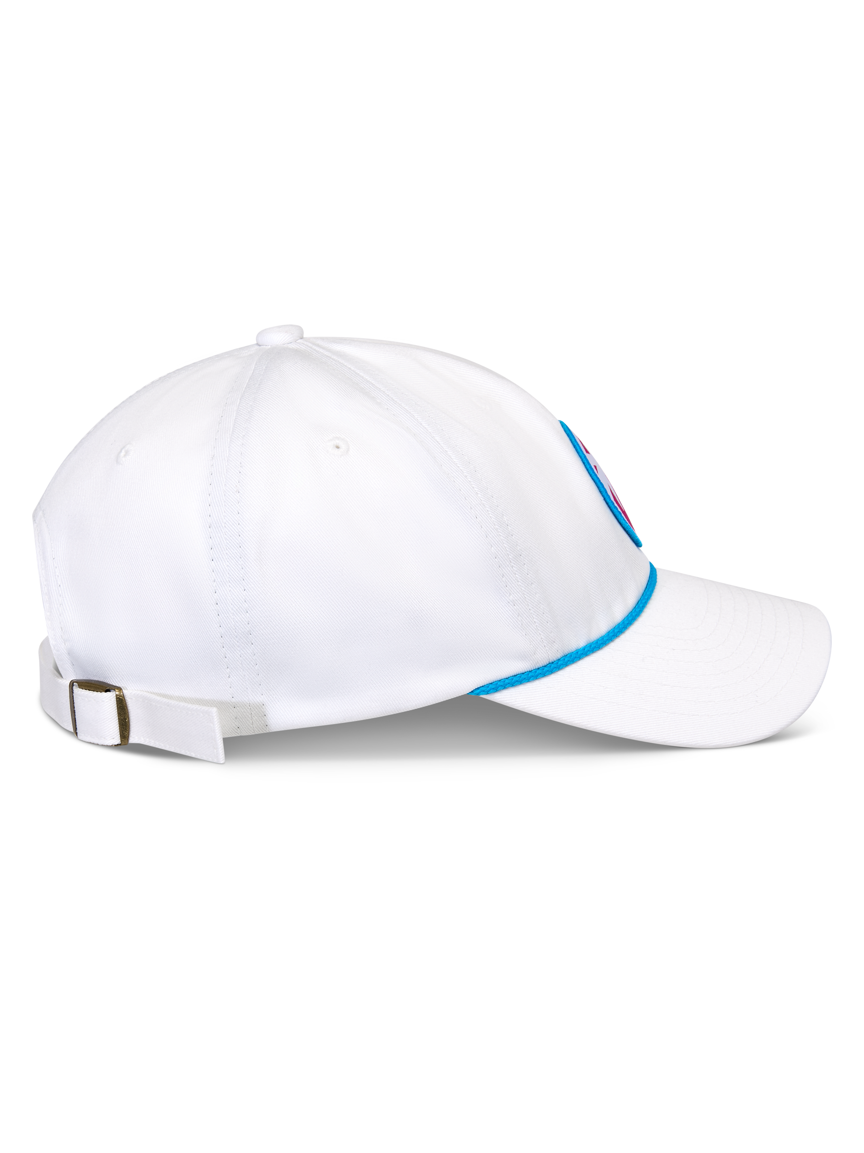 Alpinestars Calipalm Strapback Mütze, Weiß, Seitenansicht mit gebogenem Schirm und unstrukturierter niedriger Krone, blauer Seilakzent am Schirmansatz, verstellbarer Riemenverschluss mit Metallschnalle, lässige Sportbekleidung aus Baumwolltwill