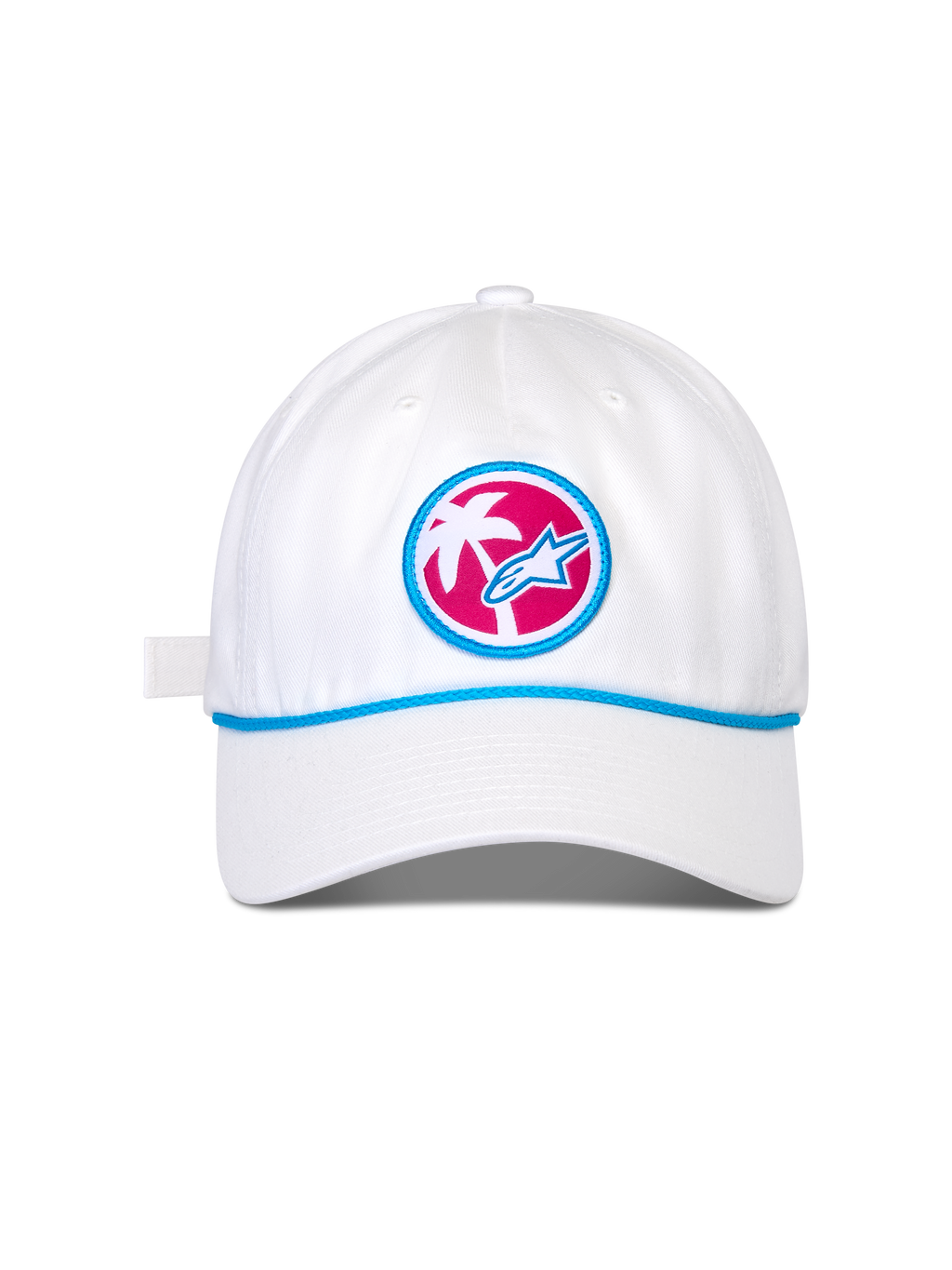 Alpinestars Calipalm Strapback Mütze, weiße Baseballkappe, gebogener Schirm mit blauem Kordeldetail, runder Front-Aufnäher mit pinkfarbenem Hintergrund, weißer Palme und blauem Astars-Logo, lässige Kopfbedeckung für Sportbekleidung