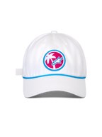 Alpinestars Calipalm Strapback Mütze, weiße Baseballkappe, gebogener Schirm mit blauem Kordeldetail, runder Front-Aufnäher mit pinkfarbenem Hintergrund, weißer Palme und blauem Astars-Logo, lässige Kopfbedeckung für Sportbekleidung