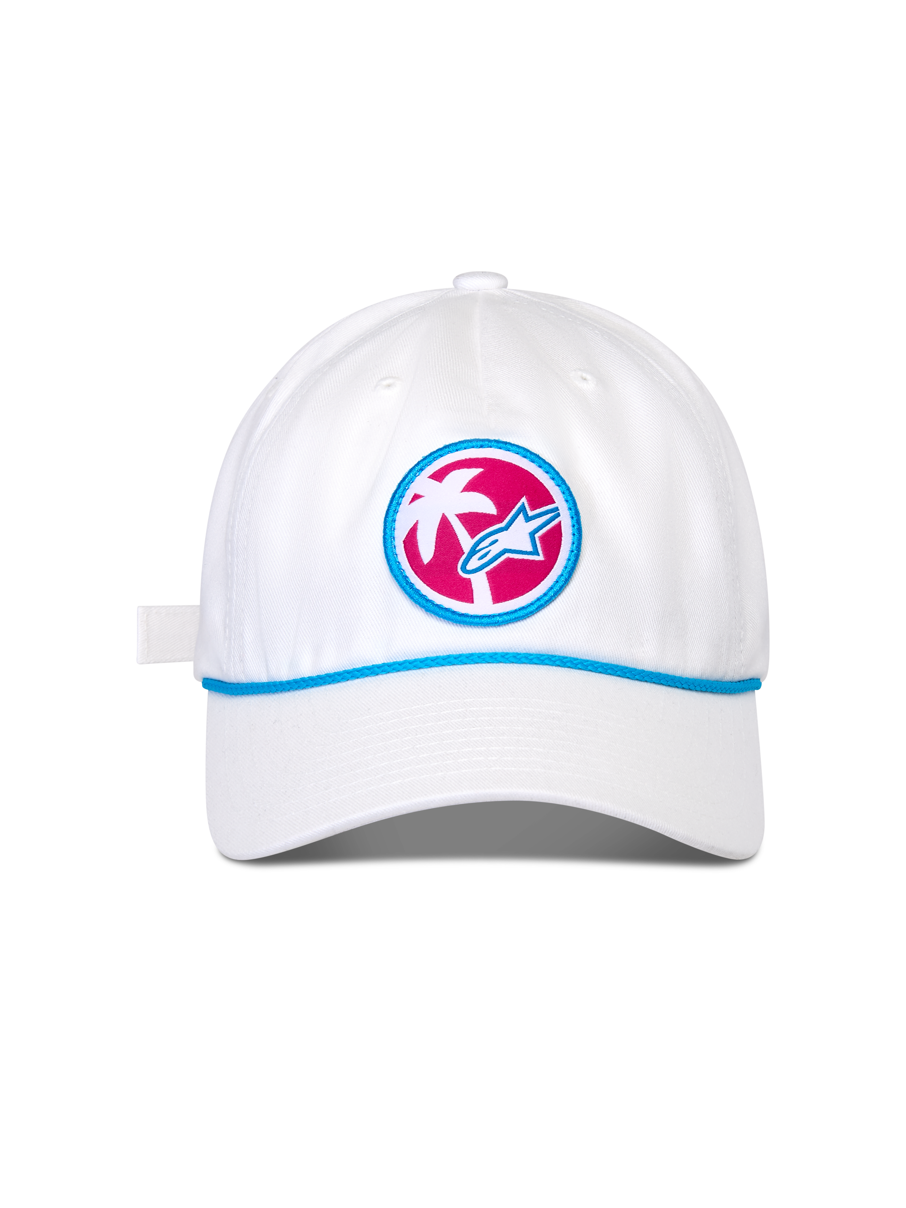 Alpinestars Calipalm Strapback Mütze, weiße Baseballkappe, gebogener Schirm mit blauem Kordeldetail, runder Front-Aufnäher mit pinkfarbenem Hintergrund, weißer Palme und blauem Astars-Logo, lässige Kopfbedeckung für Sportbekleidung