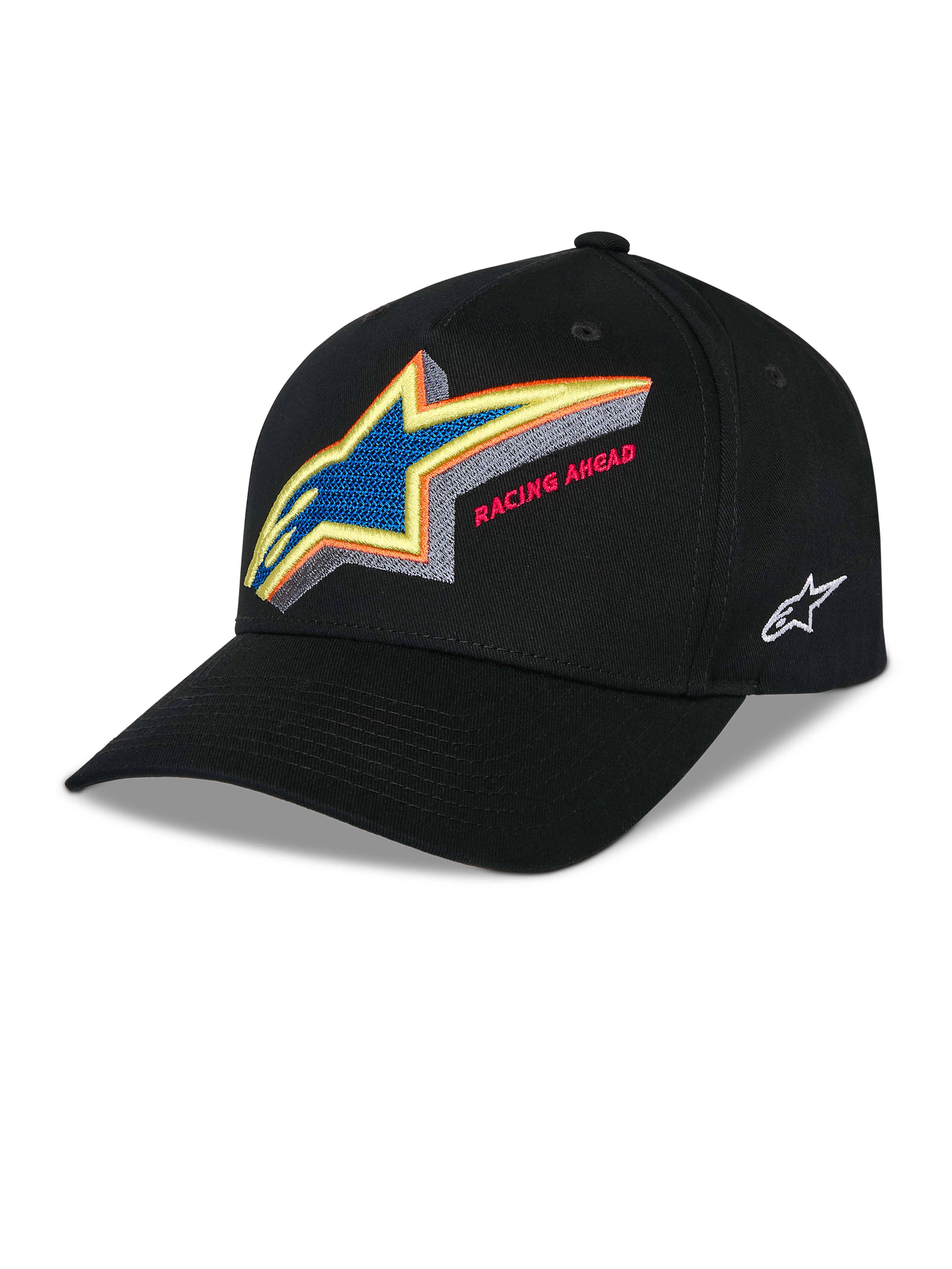 Alpinestars Lucid Snapback Kappe, Schwarze strukturierte Baseballkappe, lebhafte mehrfarbige Astars-Logo-Stickerei mit „Racing Ahead“-Schriftzug auf der Vorderseite, gebogener Schirm, weiße seitliche Logo-Stickerei, lässige Motorsport-Kopfbedeckung