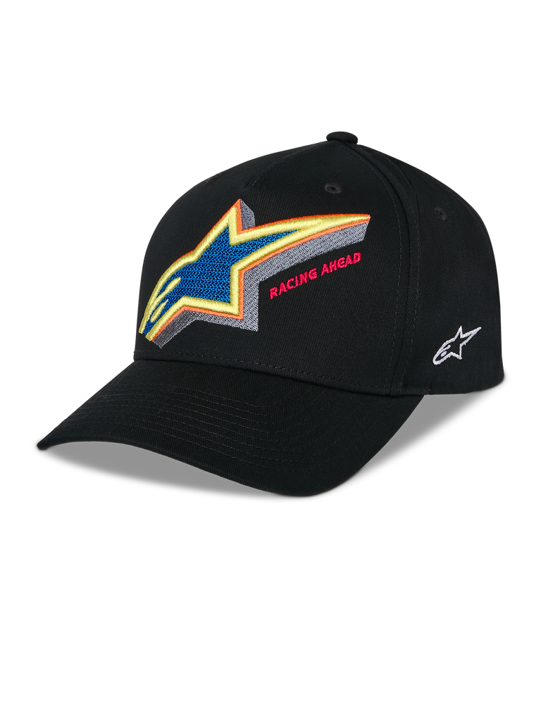 Alpinestars Lucid Snapback Kappe, Schwarze strukturierte Baseballkappe, lebhafte mehrfarbige Astars-Logo-Stickerei mit „Racing Ahead“-Schriftzug auf der Vorderseite, gebogener Schirm, weiße seitliche Logo-Stickerei, lässige Motorsport-Kopfbedeckung