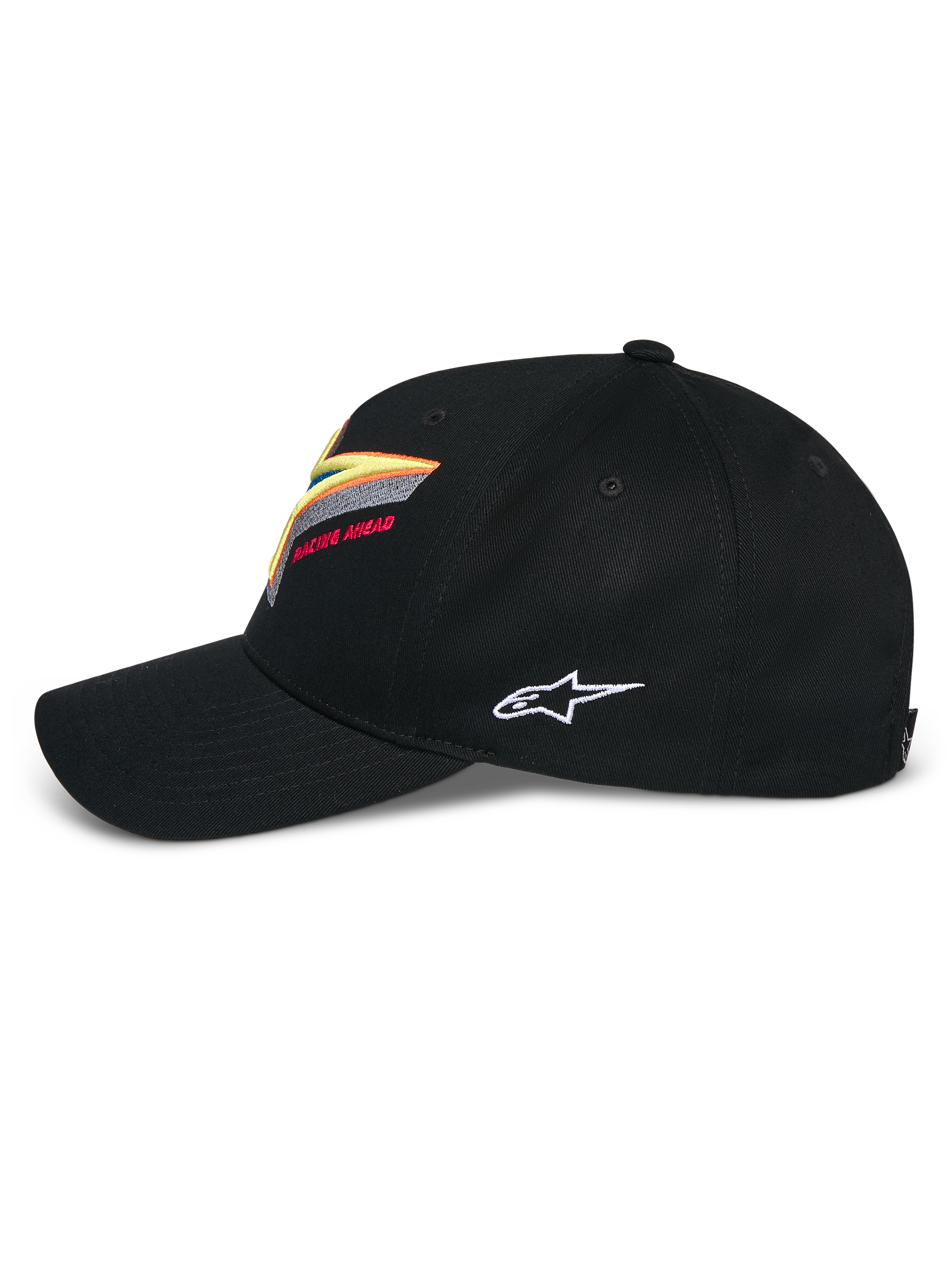 Alpinestars Lucid Snapback Kappe, Schwarz, strukturierte Krone mit gebogenem Schirm, lebhafte mehrfarbige Astars-Logo-Stickerei vorne, weißes Seitenlogo, lässige vom Motorsport inspirierte Sportbekleidung