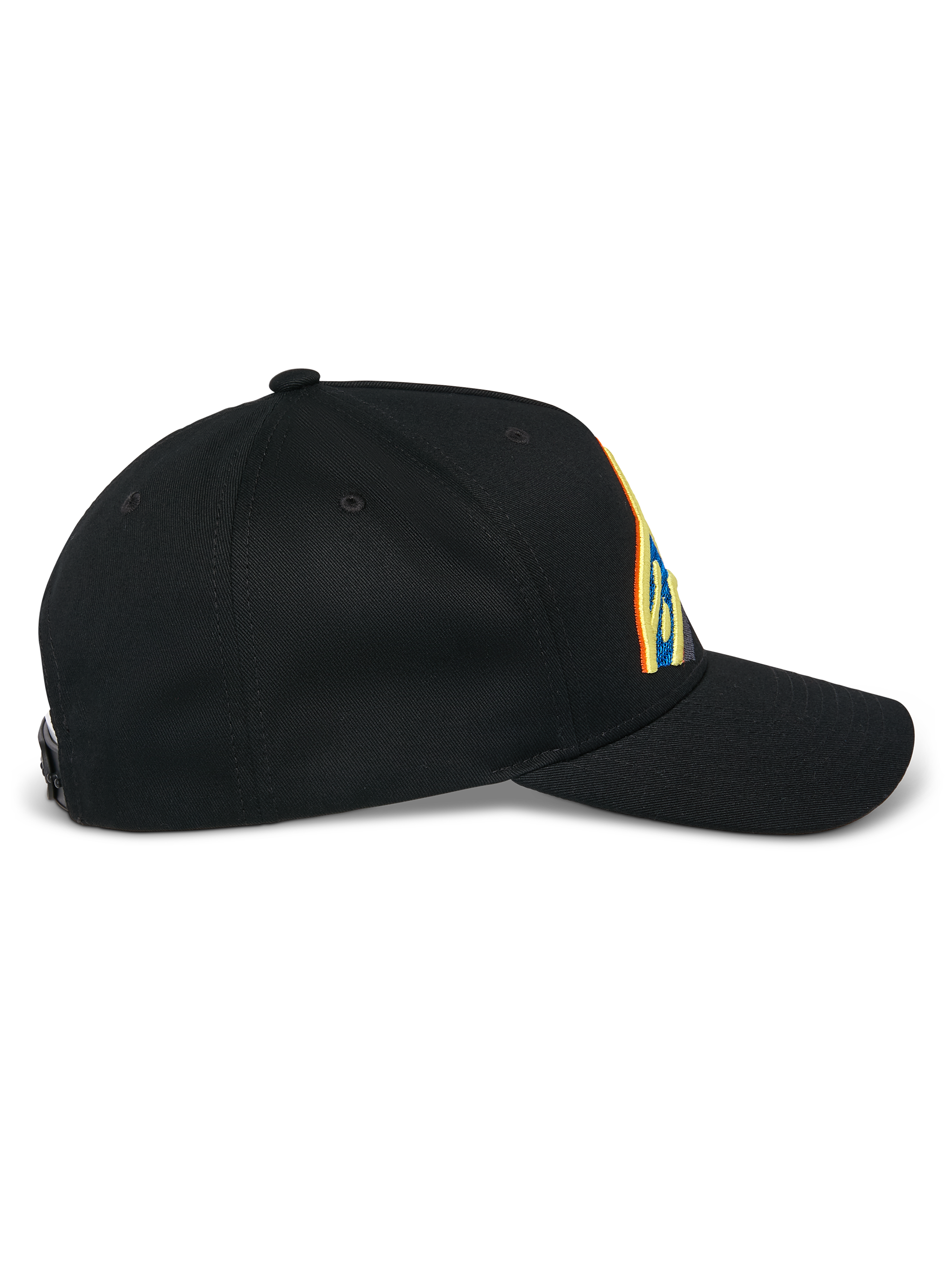 Alpinestars Lucid Snapback Kappe, Schwarz, Seitenansicht, gebogener Schirm mit strukturierter Krone, lebhafte mehrfarbige Logo-Stickerei, 100 % Baumwoll-Twill-Gewebe.