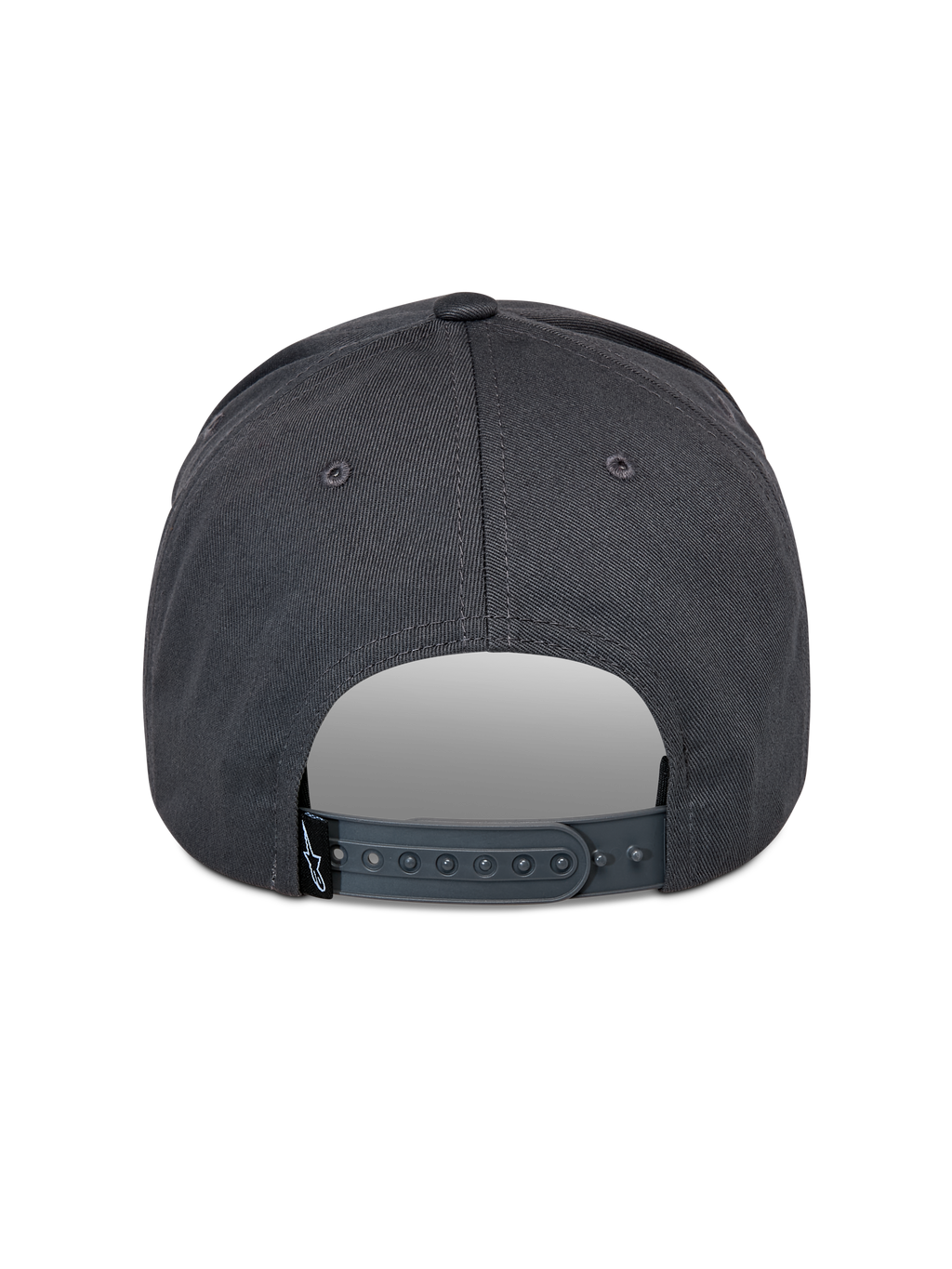 Alpinestars Lucid Snapback Kappe, Dunkelgrau, Rückansicht mit verstellbarem Snapback-Verschluss aus Kunststoff und kleinem schwarzen Logo-Etikett, strukturierte Krone, lässige, vom Motorsport inspirierte Kopfbedeckung