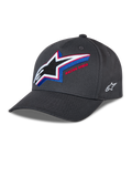 Alpinestars Lucid Snapback Kappe, anthrazitfarbene Baseballkappe, gebogener Schirm mit strukturierter Krone, großes mehrfarbig besticktes Astars-Logo auf der Vorderseite mit „Racing Ahead“-Schriftzug, kleines weißes Logo an der Seite, lässiger Motorsport-Stil