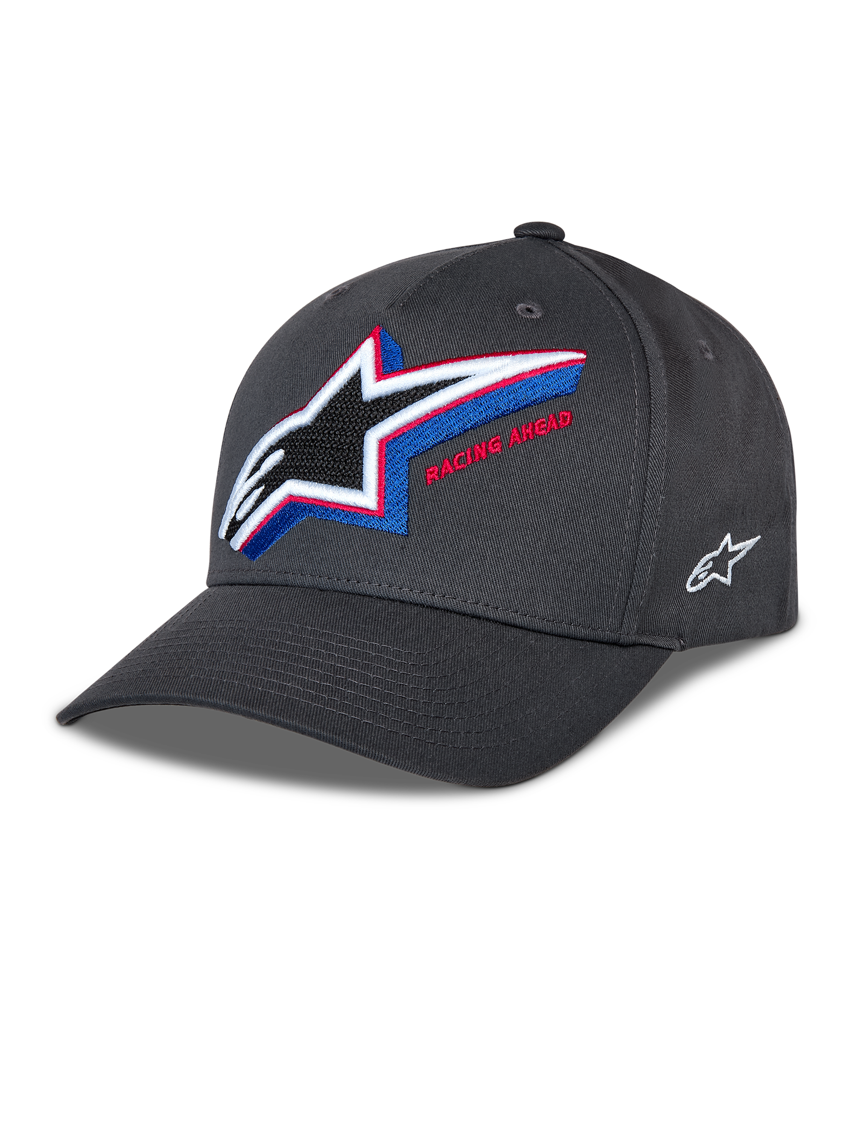 Alpinestars Lucid Snapback Kappe, anthrazitfarbene Baseballkappe, gebogener Schirm mit strukturierter Krone, großes mehrfarbig besticktes Astars-Logo auf der Vorderseite mit „Racing Ahead“-Schriftzug, kleines weißes Logo an der Seite, lässiger Motorsport-Stil