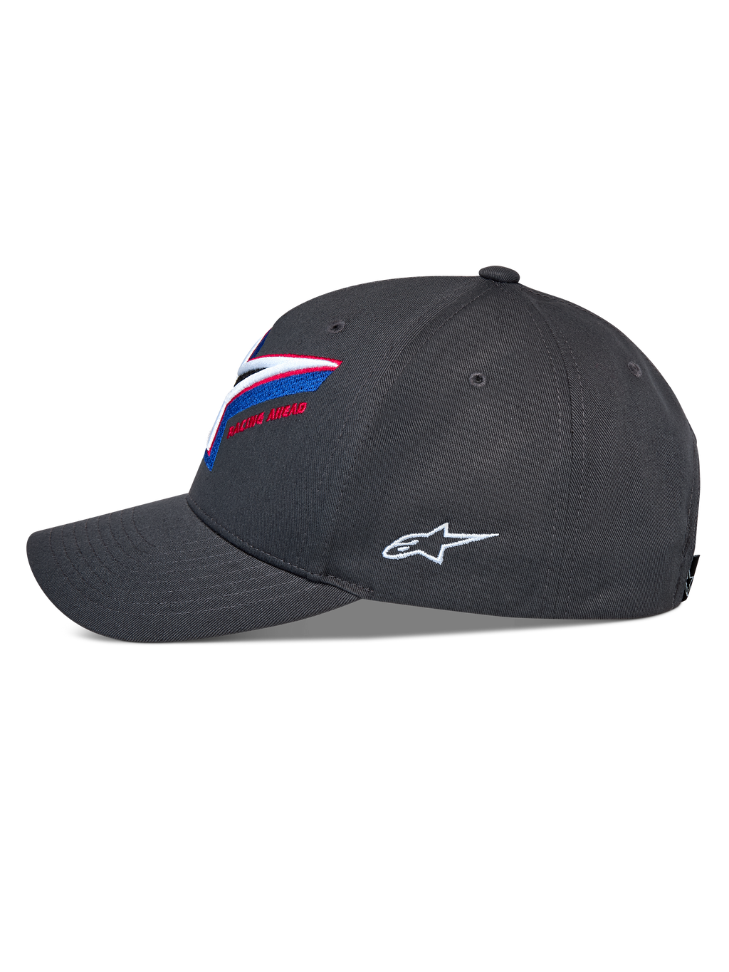 Alpinestars Lucid Snapback Kappe, Seitenansicht, Anthrazit, gebogener Schirm mit strukturierter Krone, lebhafte mehrfarbige Logo-Stickerei vorne, weißes seitliches Astars-Logo, lässige Motorsport-Kopfbedeckung