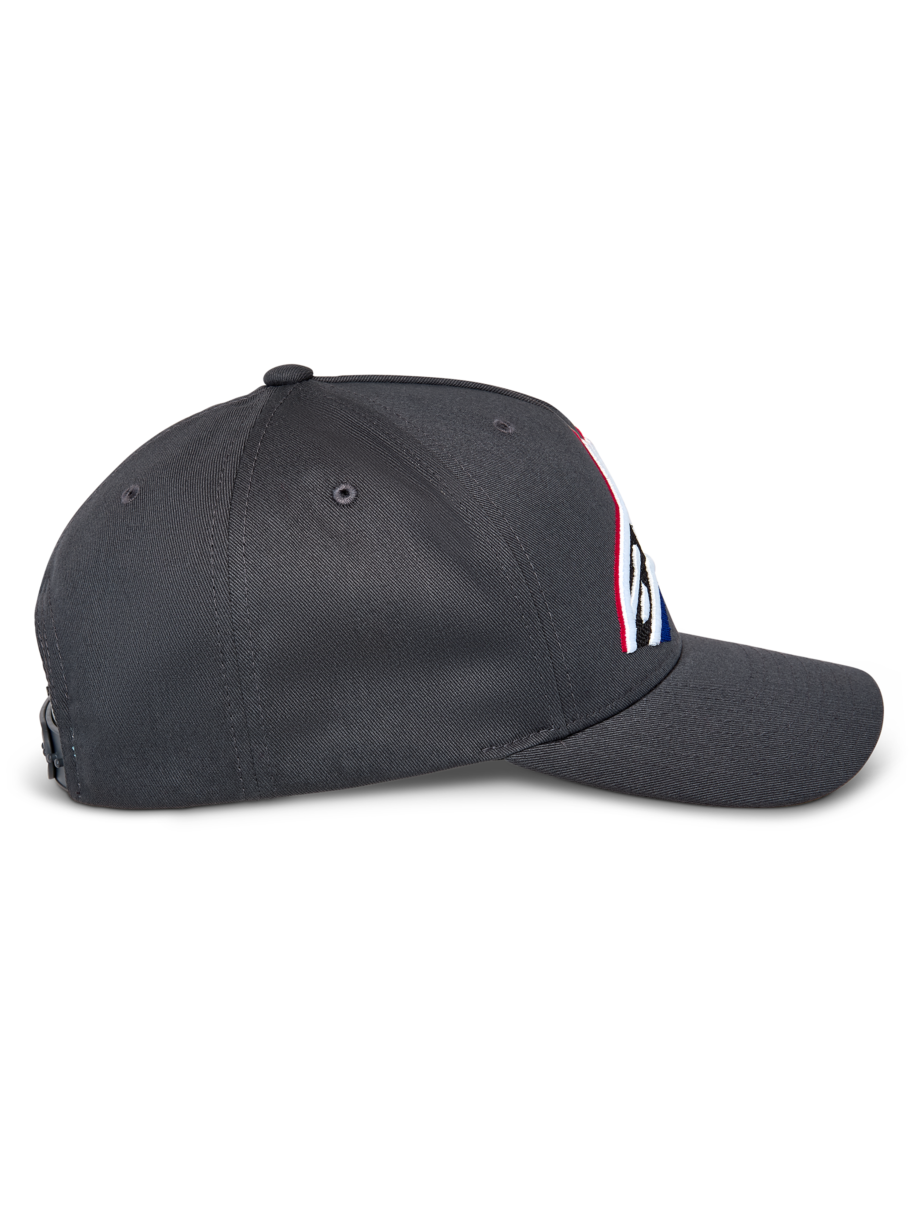 Alpinestars Lucid Snapback Kappe, Seitenansicht, Anthrazitgrau, gebogener Schirm und strukturierte Krone, besticktes Frontlogo mit mehrfarbiger Füllung, lässige, vom Motorsport inspirierte Snapback