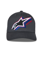 Alpinestars Lucid Snapback Kappe, Anthrazit, mit mehrfarbig besticktem Astars-Logo mit roten und blauen Akzenten, gebogener Schirm, strukturierte Krone, lässige Motorsport-Streetwear
