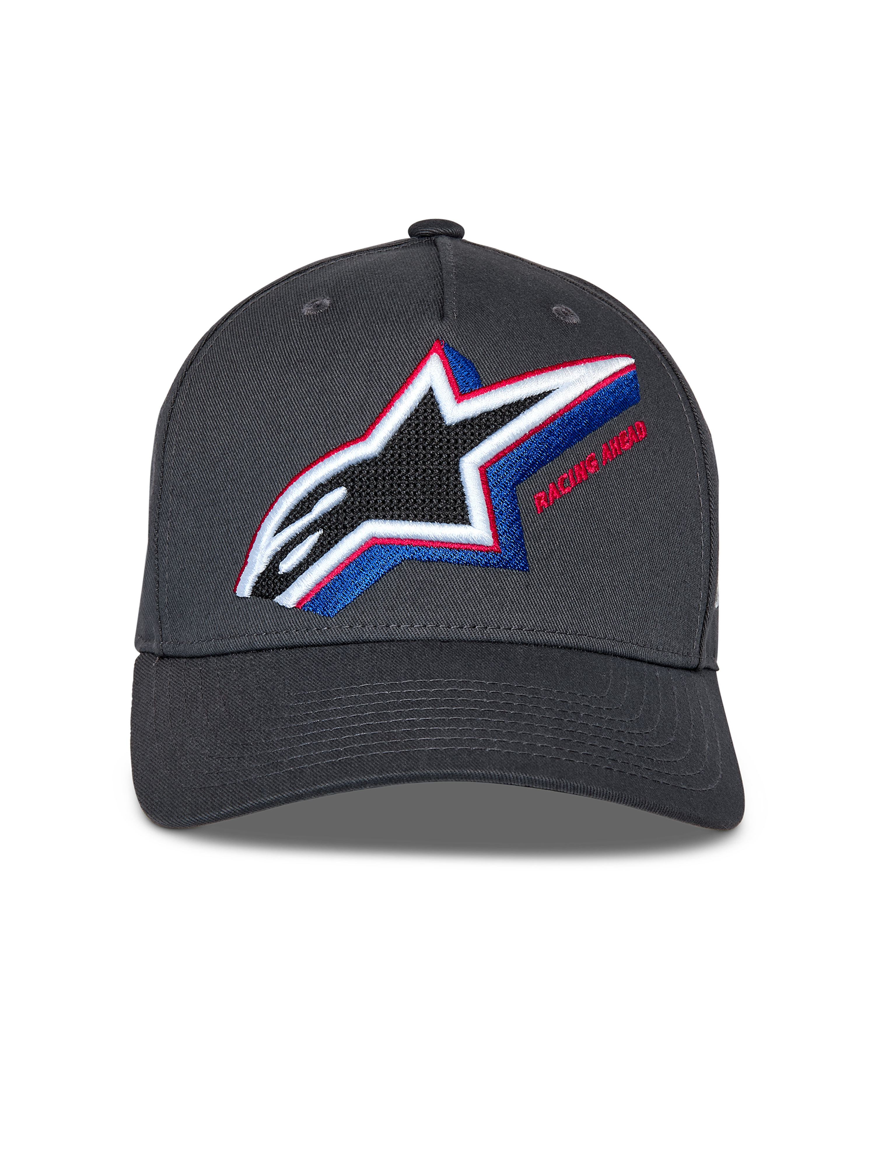 Alpinestars Lucid Snapback Kappe, Anthrazit, mit mehrfarbig besticktem Astars-Logo mit roten und blauen Akzenten, gebogener Schirm, strukturierte Krone, lässige Motorsport-Streetwear