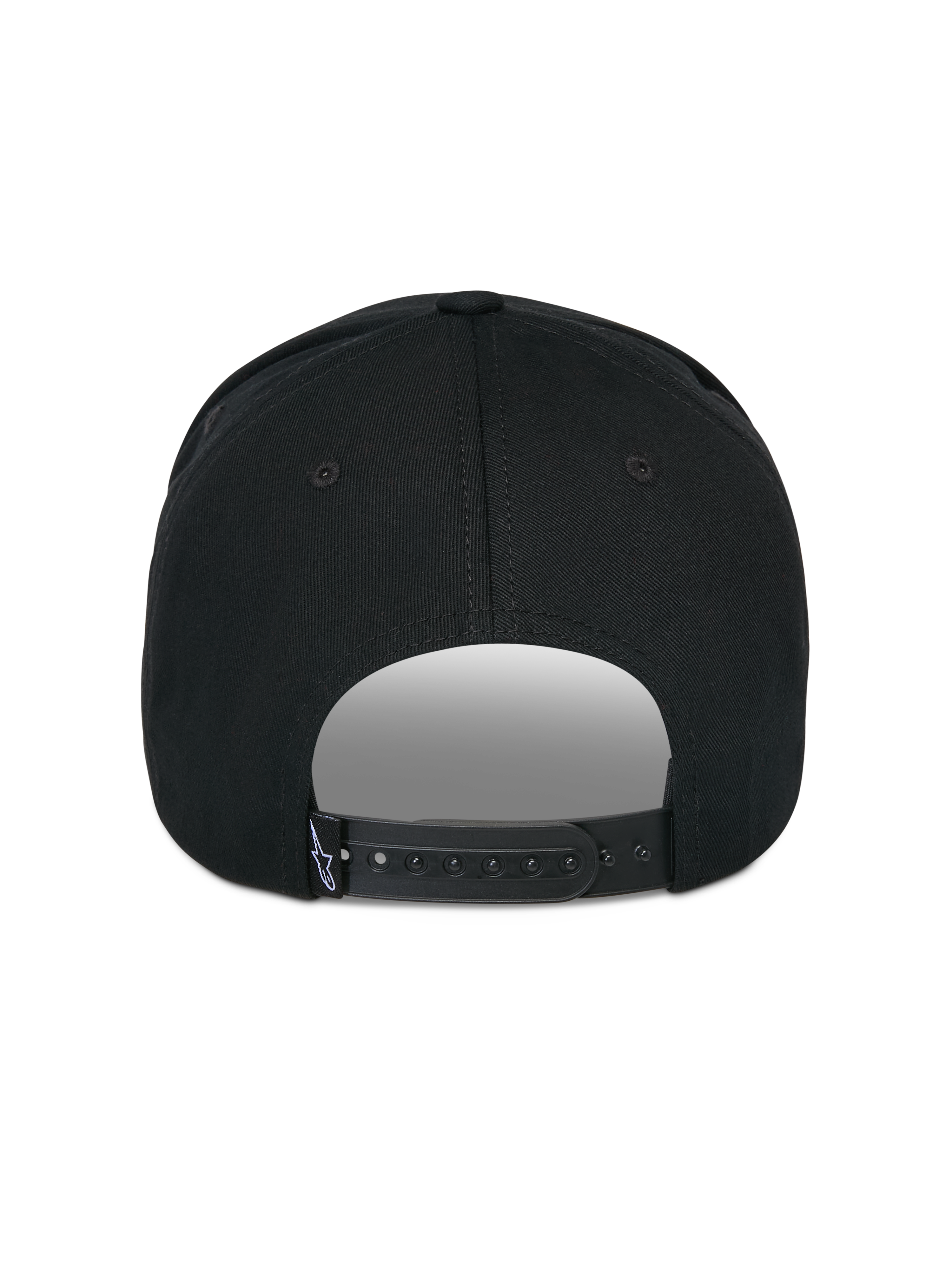 Alpinestars Matrix Snapback Kappe, Schwarz, Rückansicht, verstellbarer Snapback-Verschluss mit kleinem weißen Logo-Etikett, strukturierte Krone und gebogener Schirm, lässige, vom Motorsport inspirierte Streetwear