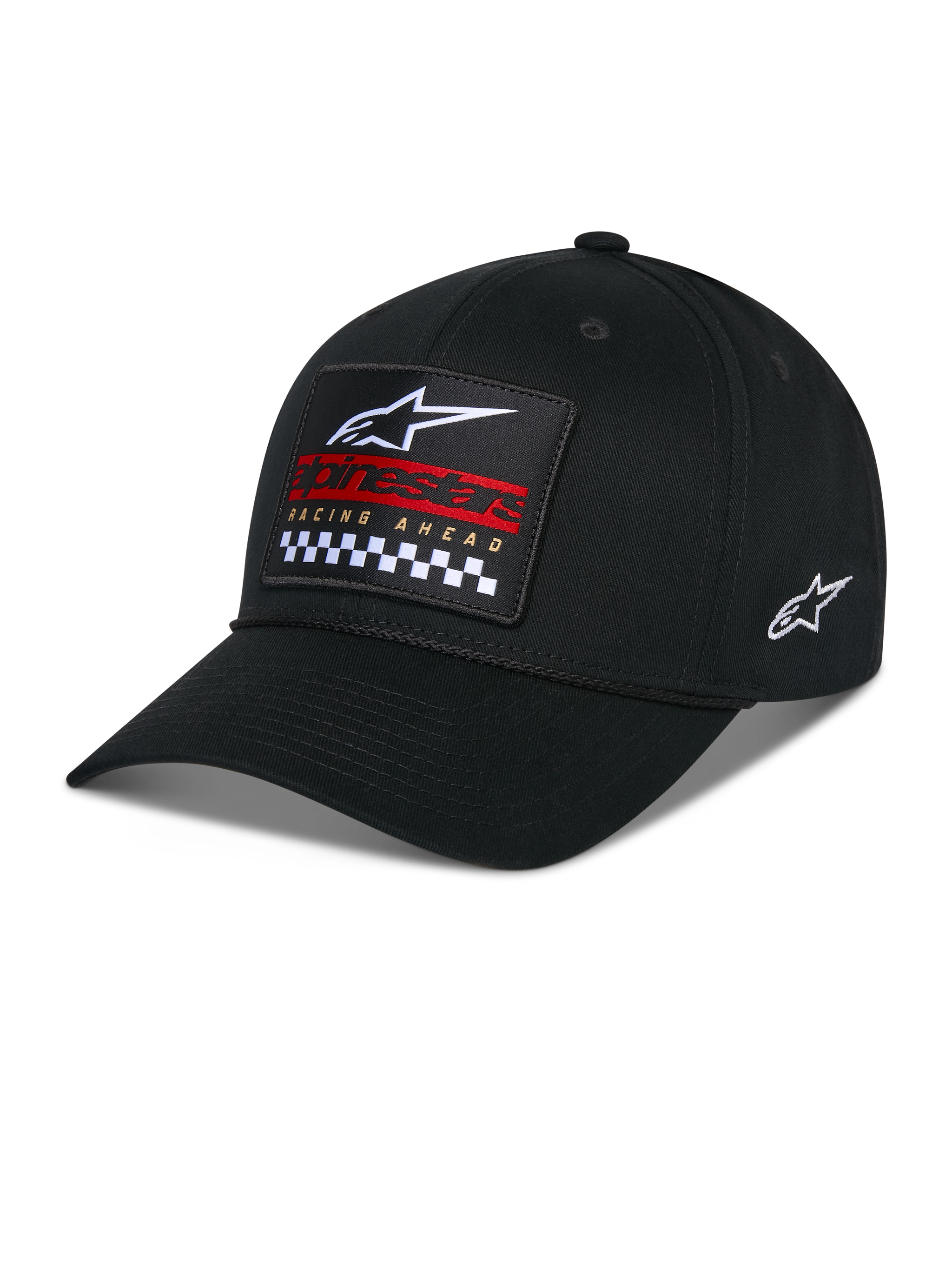 Alpinestars Matrix Snapback Mütze, Schwarz, gebogener Schirm mit strukturierter Krone, mehrfarbiger Stick-Patch auf der Vorderseite mit Alpinestars-Logo, rotes Branding und Karomuster, seitliche Logo-Stickerei, lässige Motorsport-Kopfbedeckung
