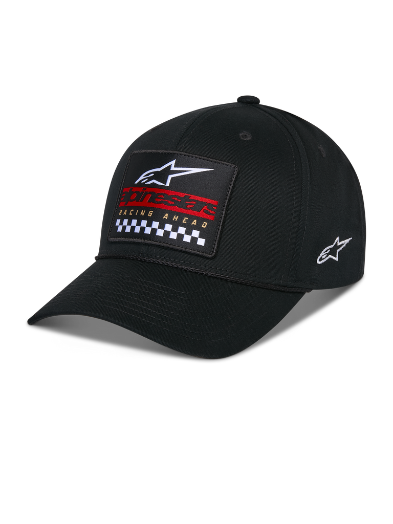 Alpinestars Matrix Snapback Hat, Black, curved bill with structured crown, front multi-color embroidery patch with Alpinestars logo, red branding, and checkered pattern, side embroidered logo, casual motorsport headwear