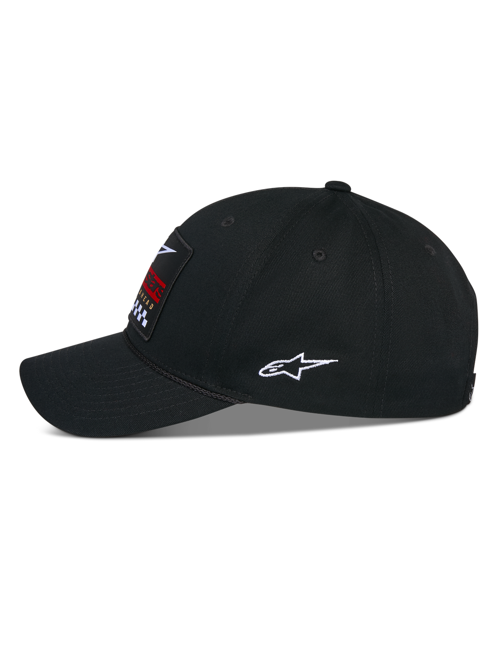 Alpinestars Matrix Snapback-Mütze, Schwarz, Seitenansicht einer lässigen Baseballkappe mit gebogenem Schirm und strukturierter Krone, mehrfarbiger Stickerei-Patch auf der Vorderseite und weißes Astars-Logo an der Seite, Baumwoll-Twill-Konstruktion.