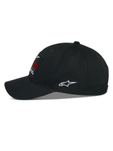 Alpinestars Matrix Snapback-Mütze, Schwarz, Seitenansicht einer lässigen Baseballkappe mit gebogenem Schirm und strukturierter Krone, mehrfarbiger Stickerei-Patch auf der Vorderseite und weißes Astars-Logo an der Seite, Baumwoll-Twill-Konstruktion.