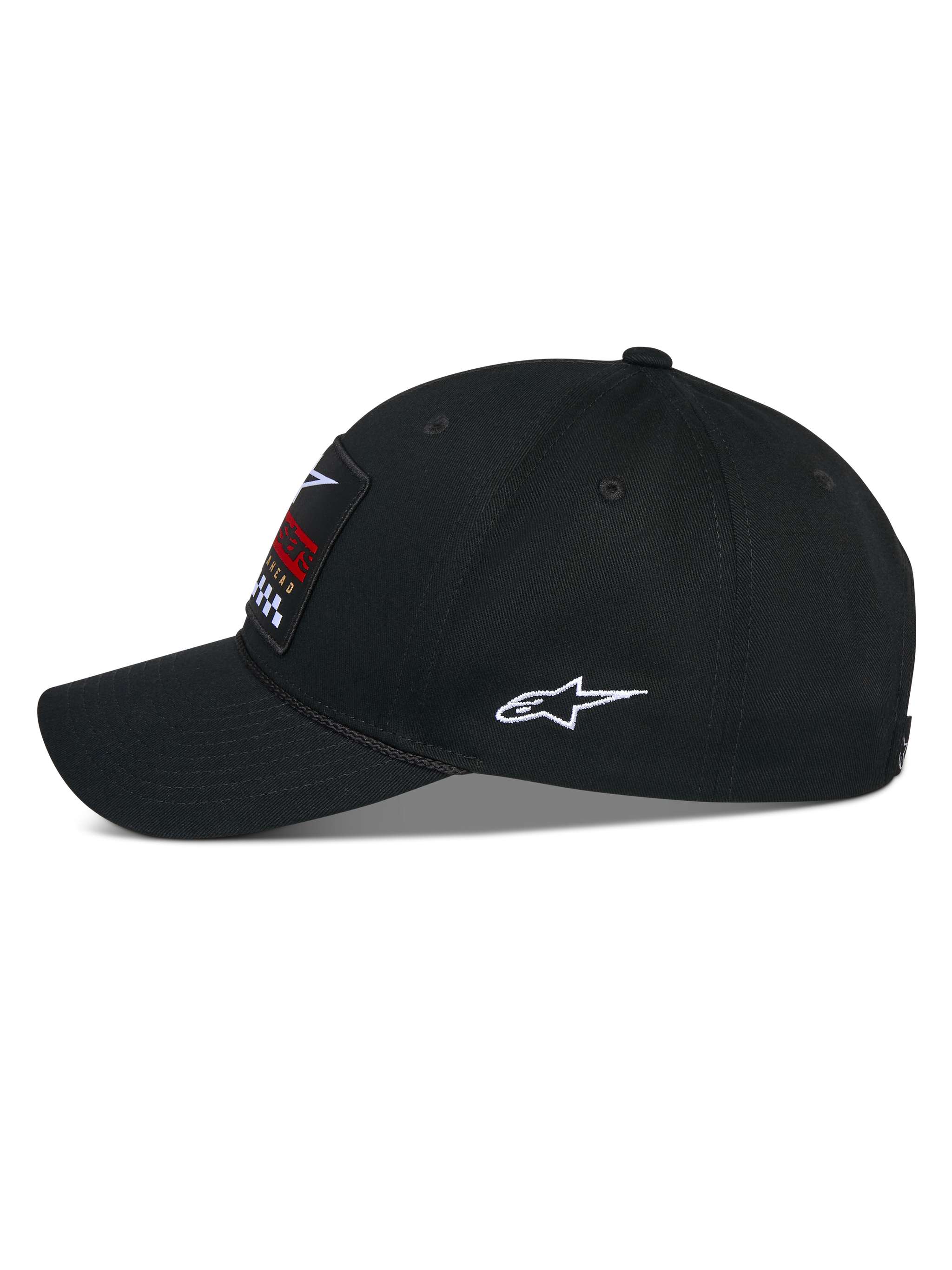 Alpinestars Matrix Snapback-Mütze, Schwarz, Seitenansicht einer lässigen Baseballkappe mit gebogenem Schirm und strukturierter Krone, mehrfarbiger Stickerei-Patch auf der Vorderseite und weißes Astars-Logo an der Seite, Baumwoll-Twill-Konstruktion.