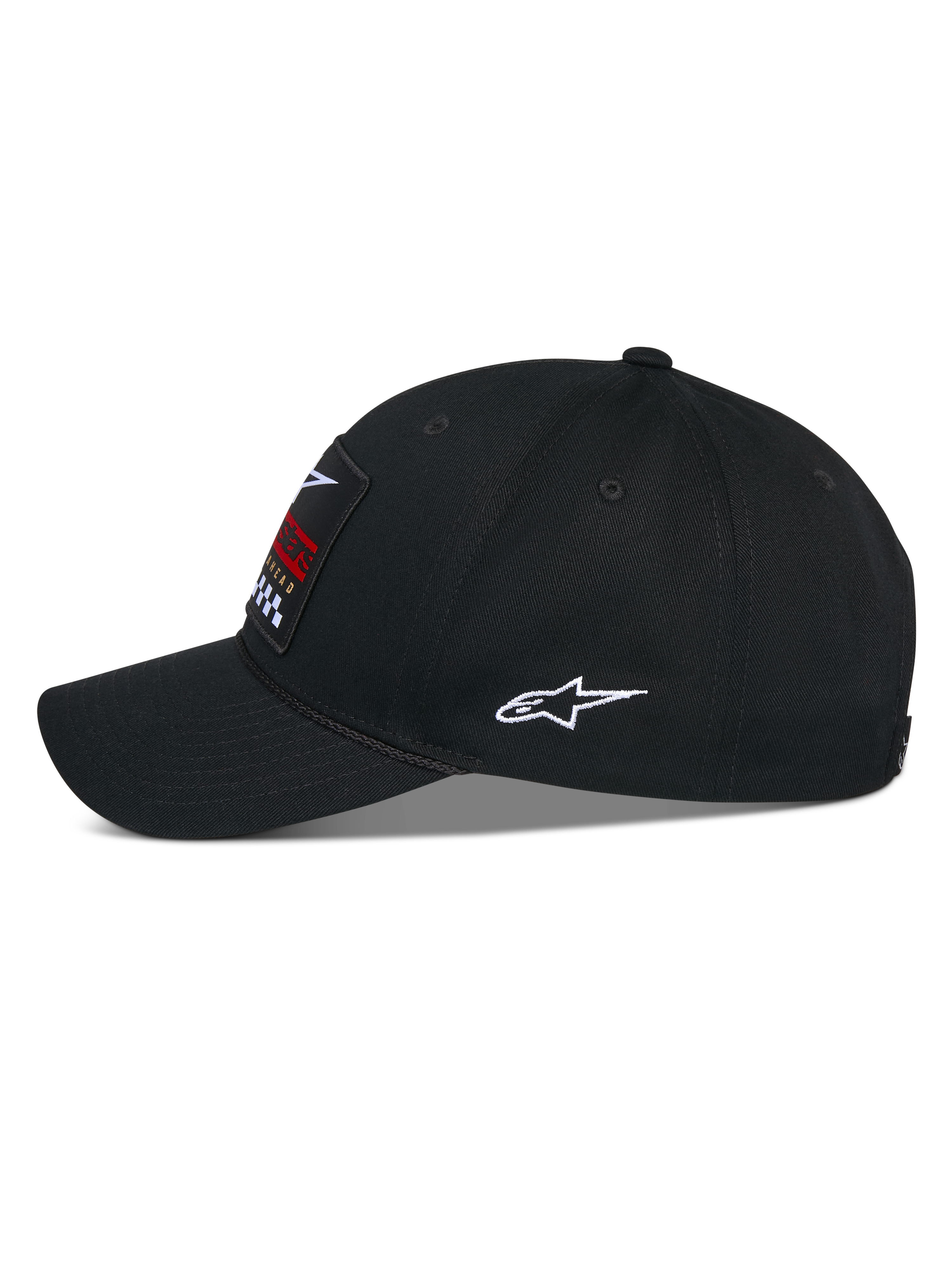 Alpinestars Matrix Snapback-Mütze, Schwarz, Seitenansicht einer lässigen Baseballkappe mit gebogenem Schirm und strukturierter Krone, mehrfarbiger Stickerei-Patch auf der Vorderseite und weißes Astars-Logo an der Seite, Baumwoll-Twill-Konstruktion.