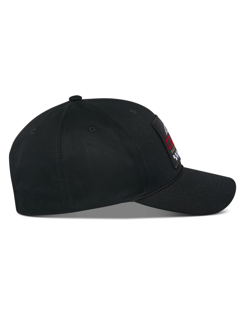 Alpinestars Matrix Snapback Mütze, Seitenprofil, schwarze Kappe aus Baumwolltwill mit gebogenem Schirm und strukturierter Krone, mehrfarbiger bestickter Aufnäher auf der Vorderseite, lässige Motorsport-Streetwear