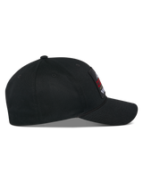 Alpinestars Matrix Snapback Mütze, Seitenprofil, schwarze Kappe aus Baumwolltwill mit gebogenem Schirm und strukturierter Krone, mehrfarbiger bestickter Aufnäher auf der Vorderseite, lässige Motorsport-Streetwear